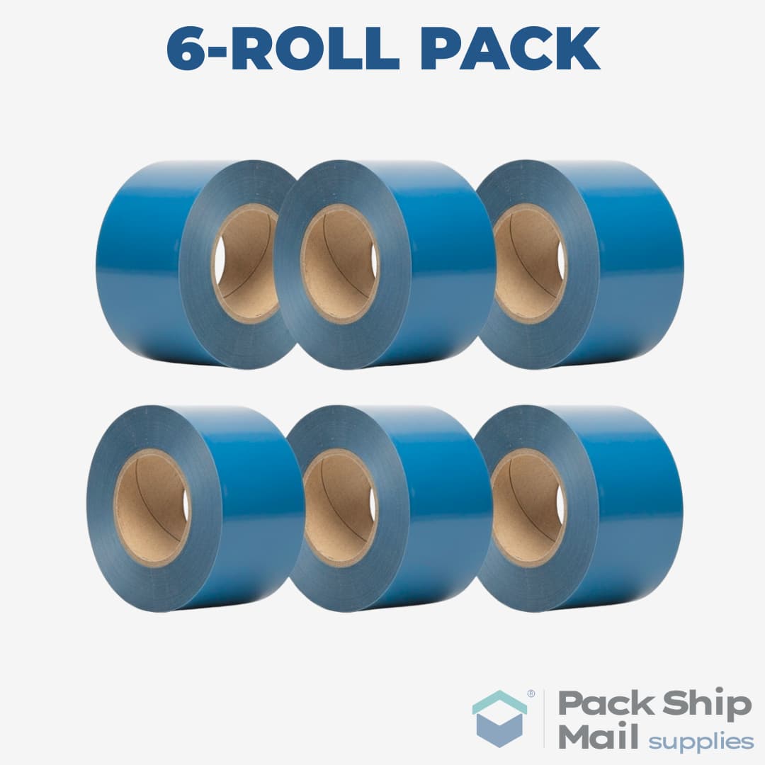A neatly stacked pack of 6 rolls of blue heavy-duty carton sealing tape.