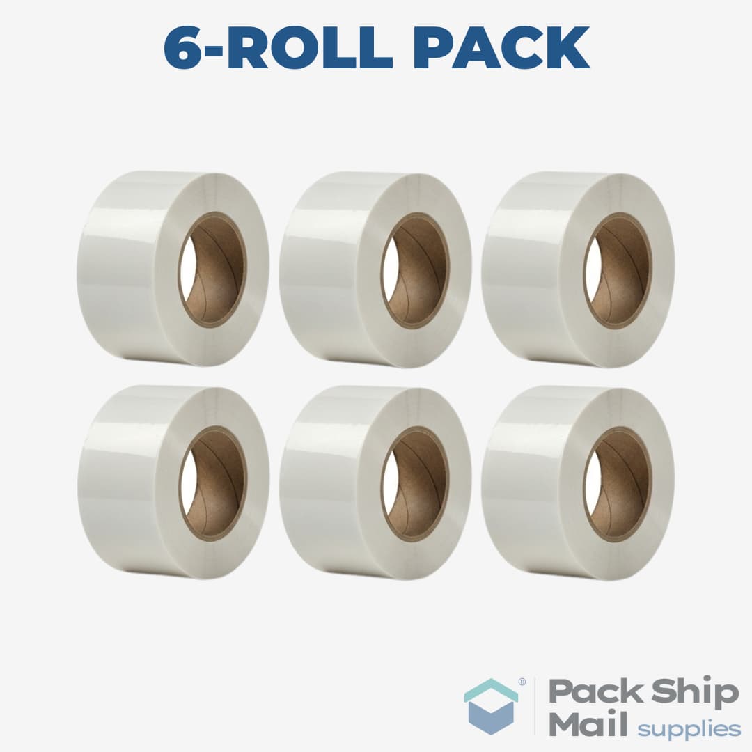 A neatly stacked pack of 6 rolls of white heavy-duty carton sealing tape.