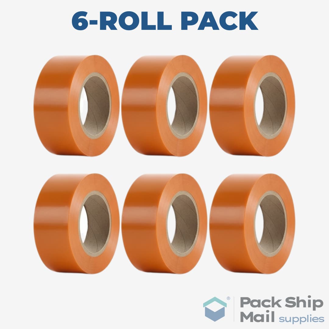 A neatly stacked pack of 6 rolls of orange heavy-duty carton sealing tape.