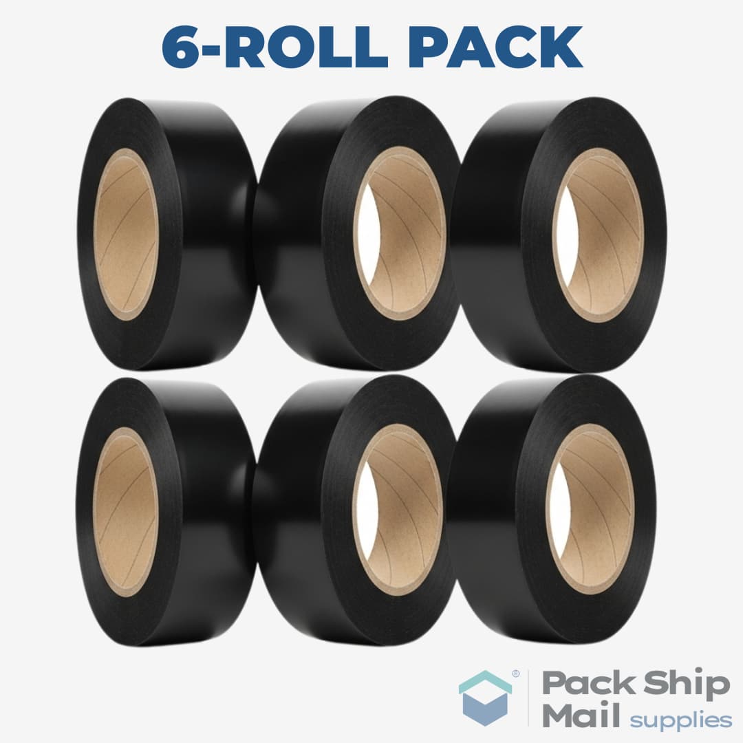 A neatly stacked pack of 6 rolls of black heavy-duty carton sealing tape.