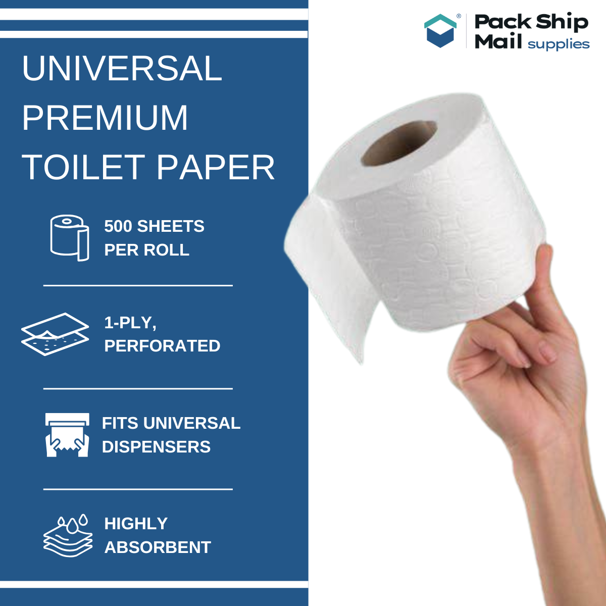 Premium Bathroom tissue roll case with 96 rolls of standard-size toilet paper.