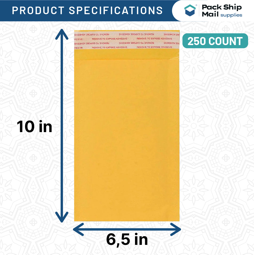 6.5 x 10 - #0 Self-Seal Kraft Bubble Mailers 250 Per Case