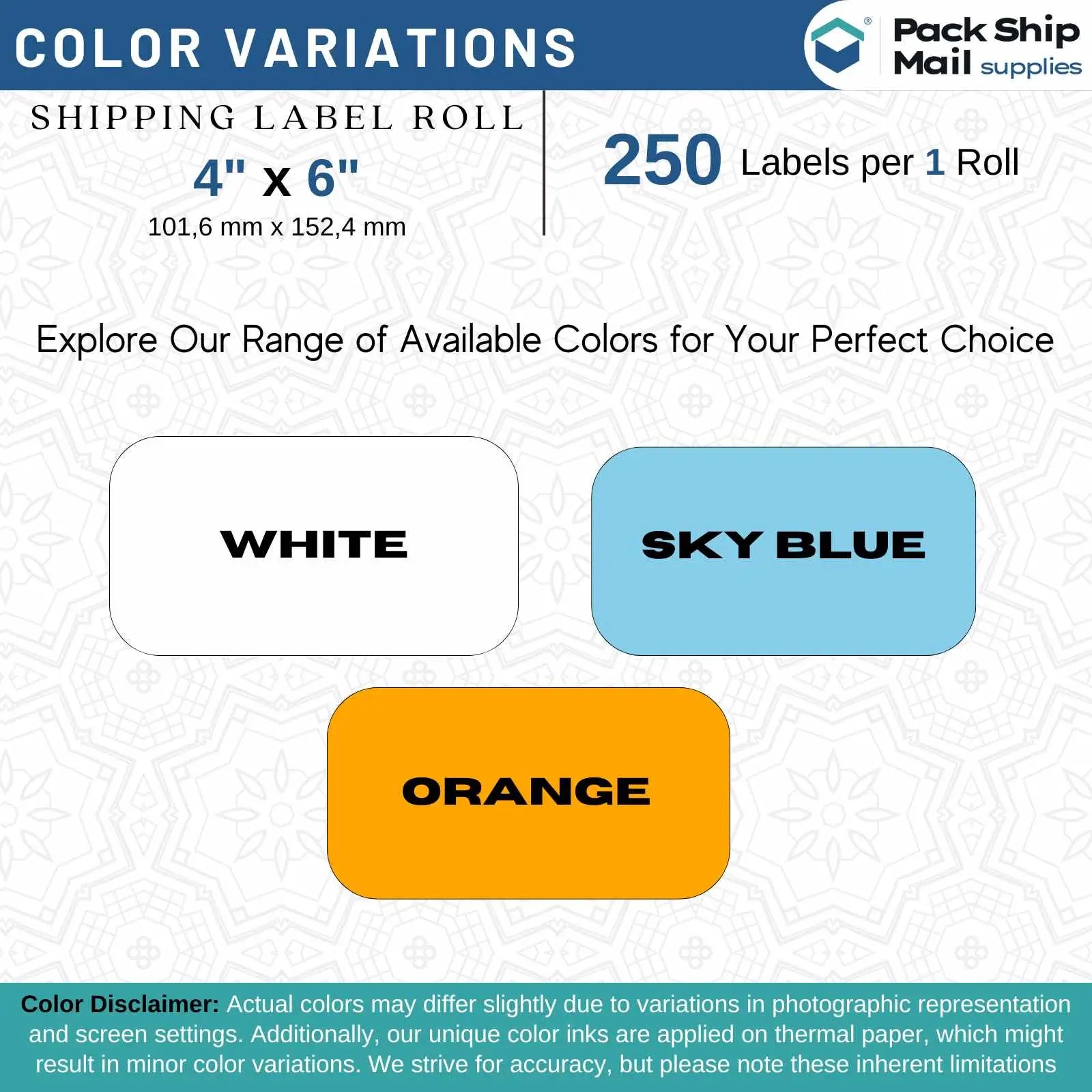 Four rolls of 4-inch by 6-inch white direct thermal transfer labels, each with a 1-inch core size, packaged in a case.