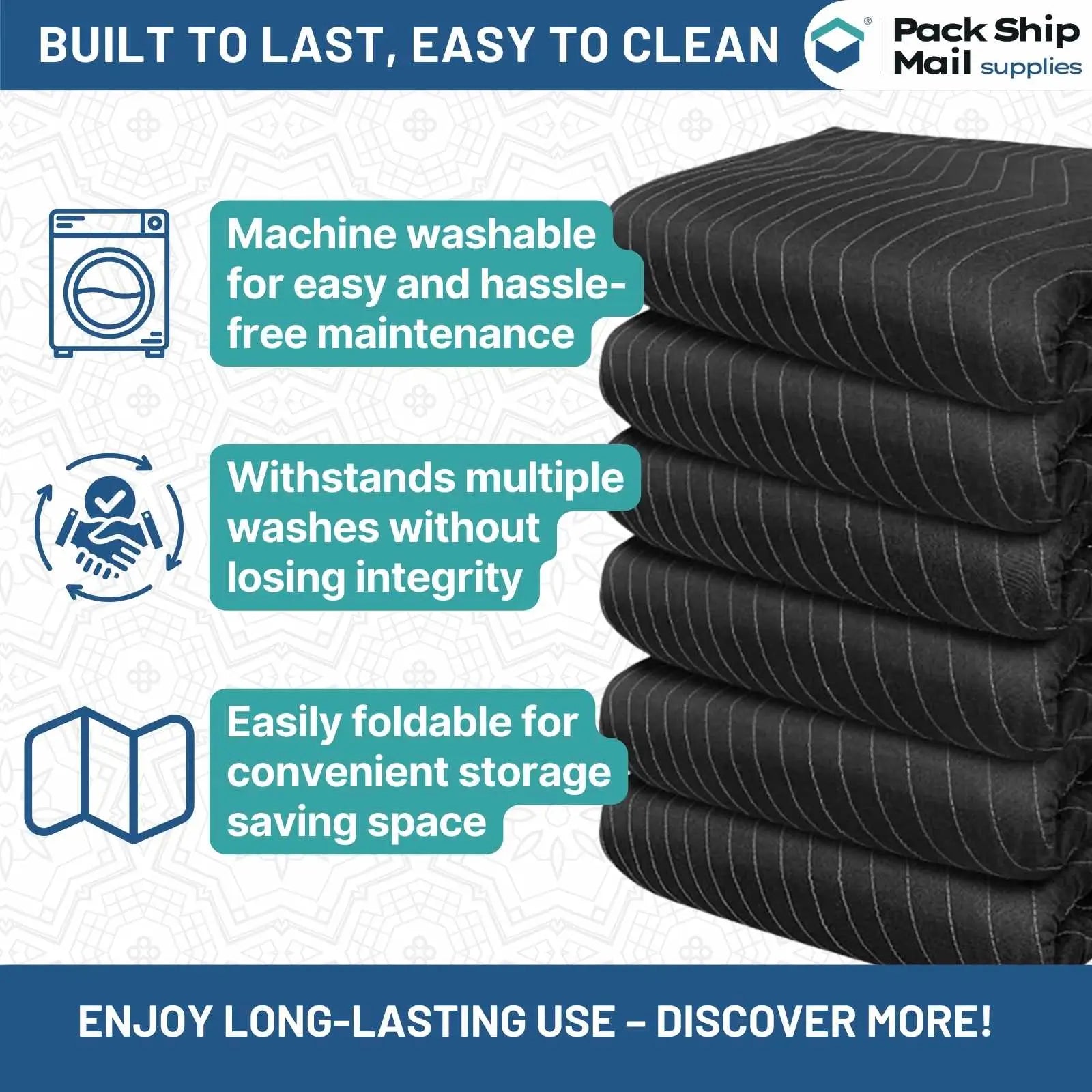 The image showcases an 8-piece bundle of heavy-duty black moving blankets, each measuring 72" x 80" and weighing 55 pounds. Ideal for secure and efficient item protection during your move.
