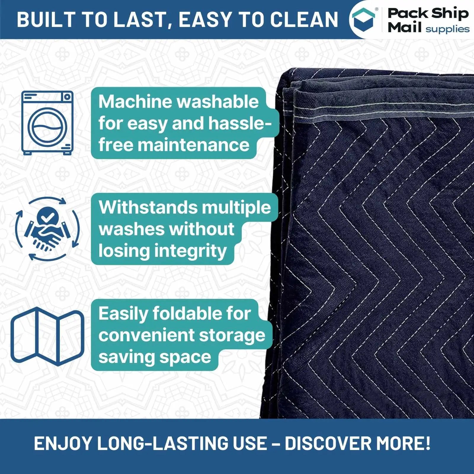 The image showcases a single, heavy-duty moving blanket in a stylish dark blue and black color combination, measuring 72" x 80" and weighing 65 pounds, making it an excellent choice for maximum protection during your move.