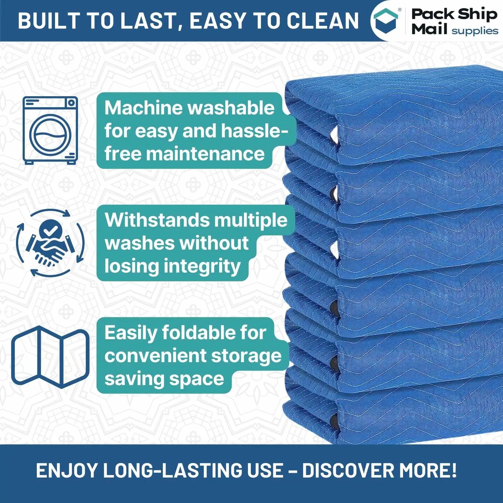 The image showcases a bundle of eight light blue moving blankets, each measuring 72" x 80" and weighing 35 pounds. Ideal for efficient and reliable protection during your move.