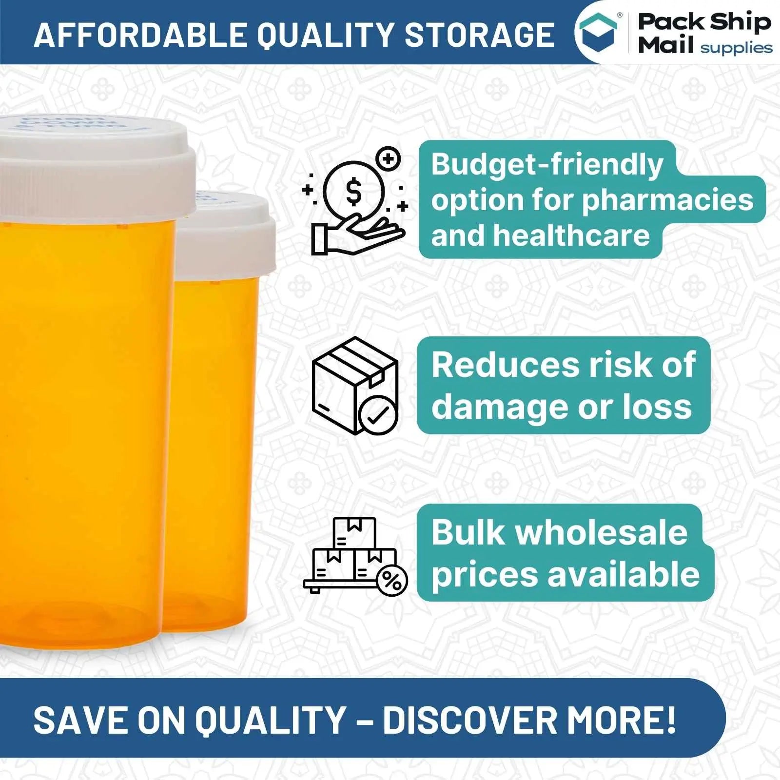 The image shows a case containing 40 Dram Amber Reversible Cap Vials, with 50 vials per case.