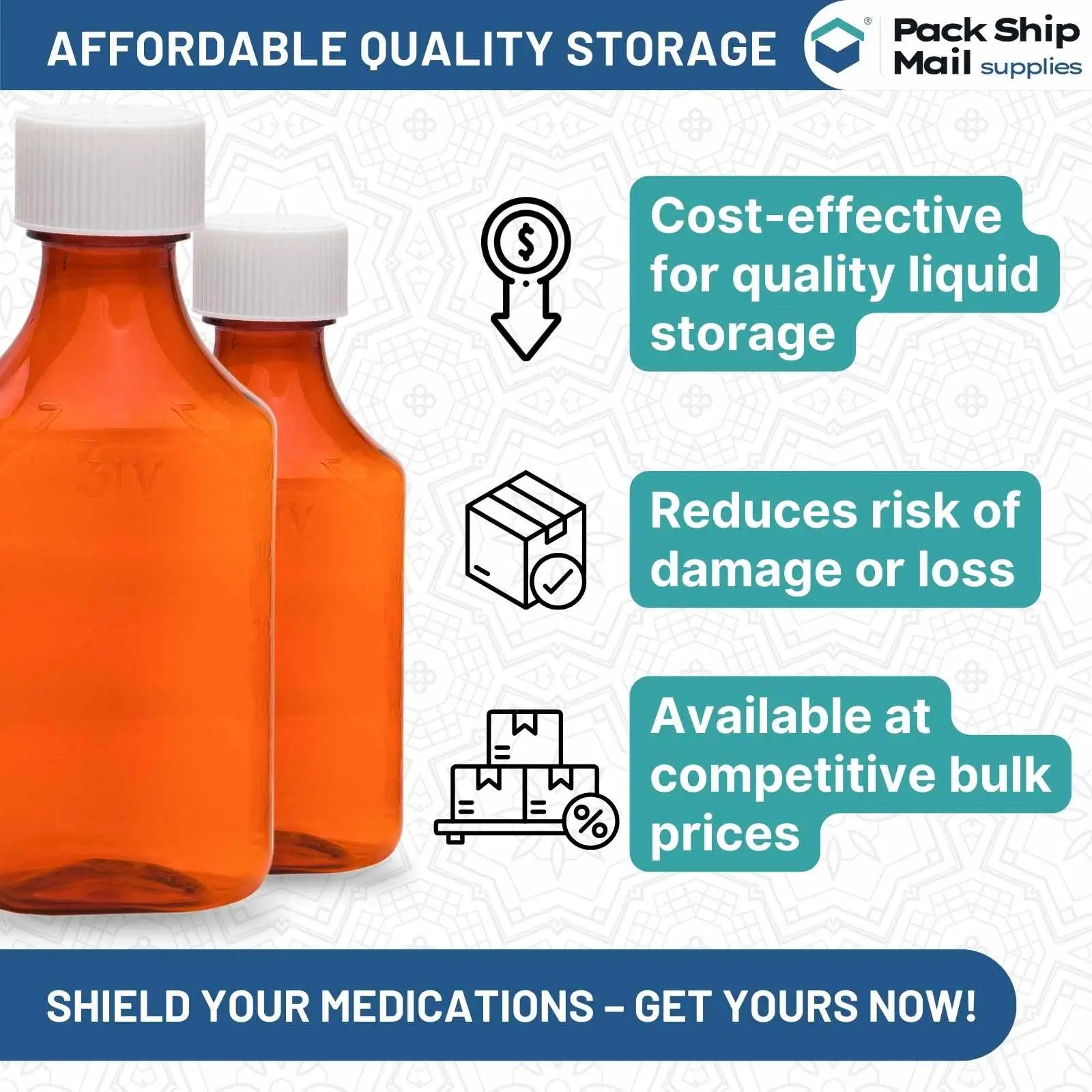 The image shows a case containing 25 amber oval bottles, each with a child-lock cap, and each bottle holding 1 oz. Perfect for secure storage of liquids or substances.