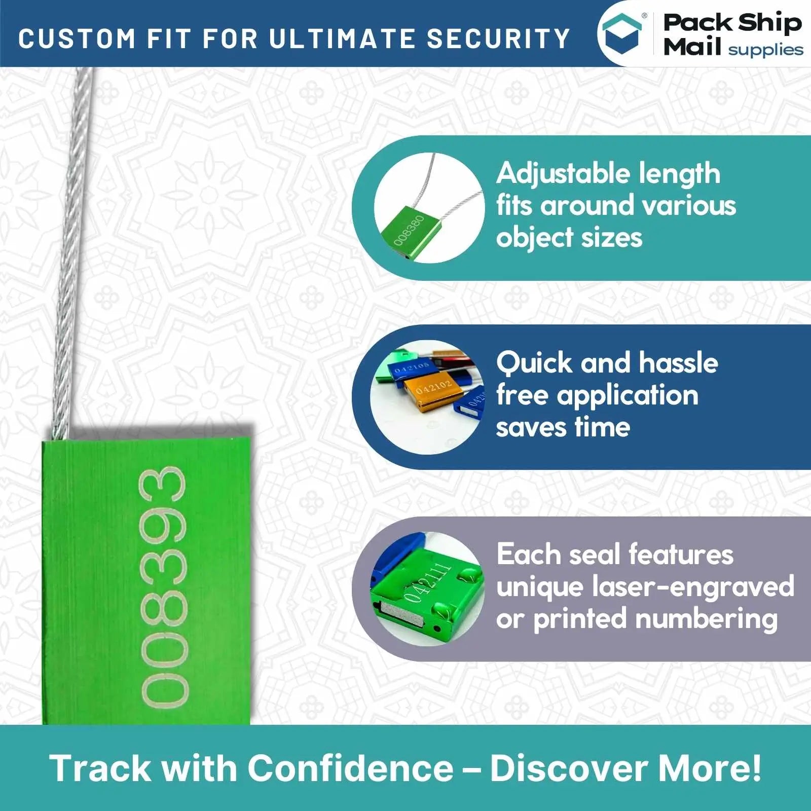 A case containing 300 green cable seals, each 14 inches long and 5 mm thick, neatly packaged for easy use and storage.