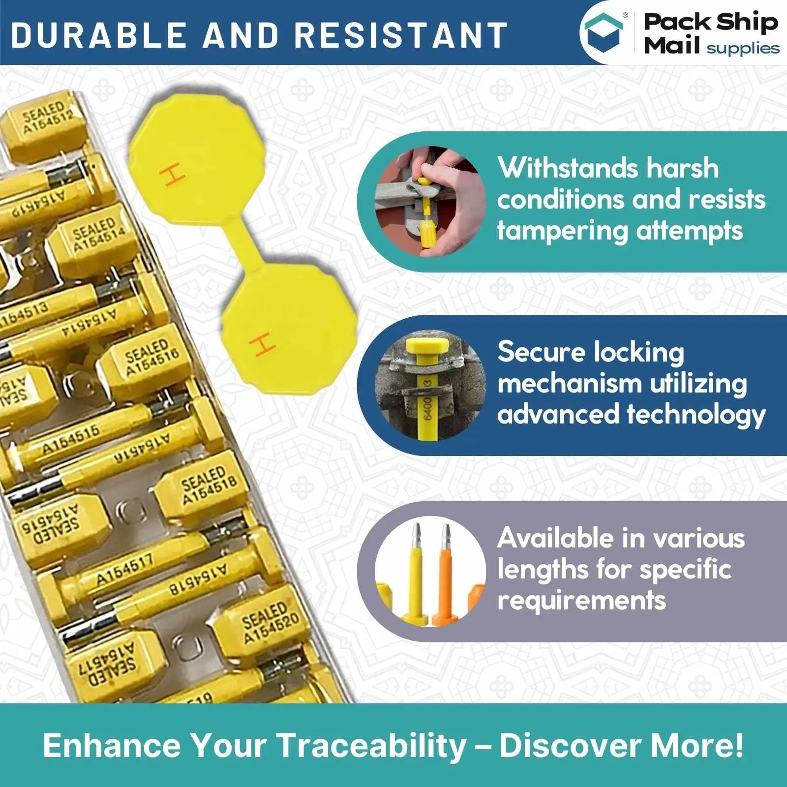 Image of 10 high-security bolt seals, each measuring 94 MM (height), packaged in a case.