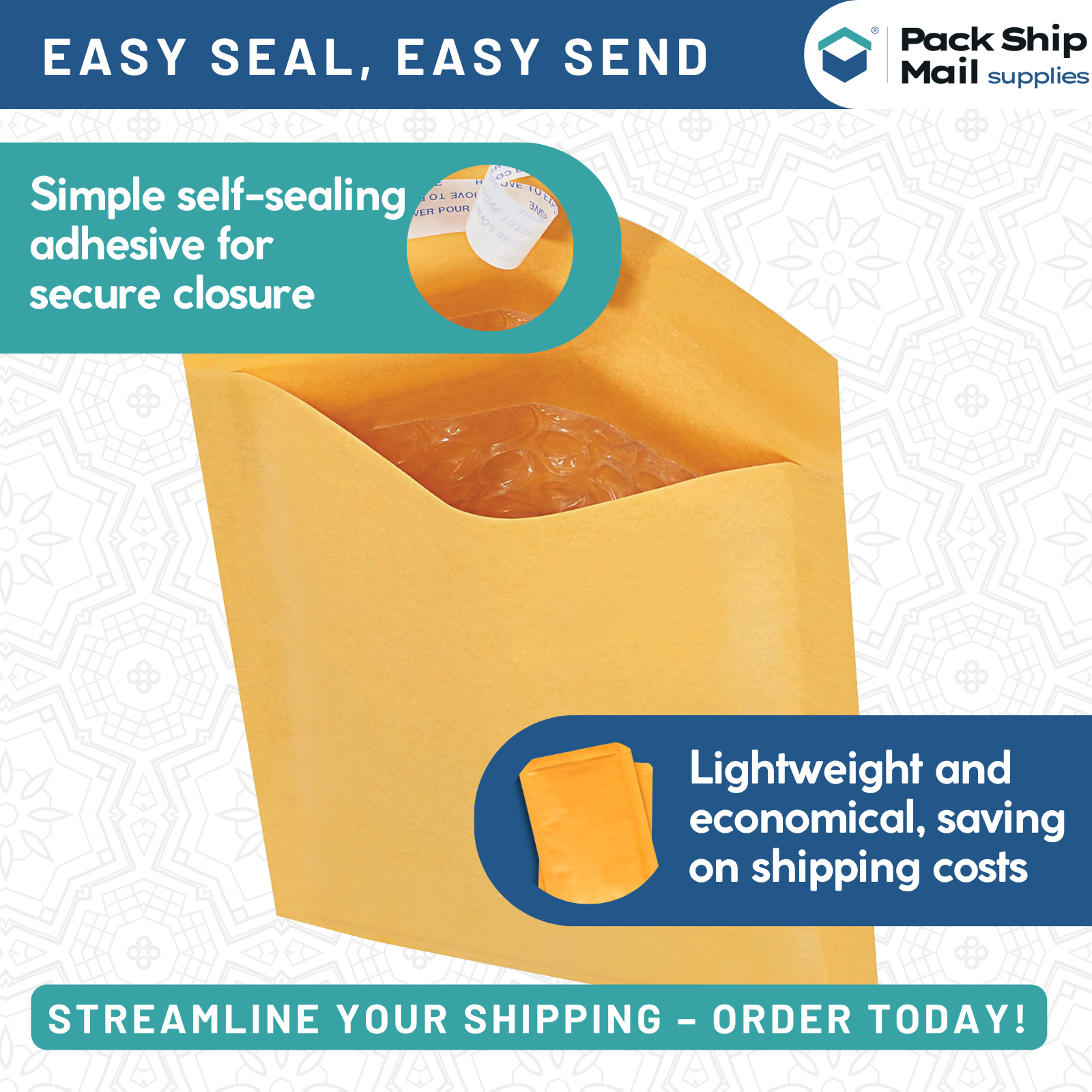 Image: 7.25 x 12 Self-Seal Kraft Bubble Mailers - #1 Size, 200 Per Case