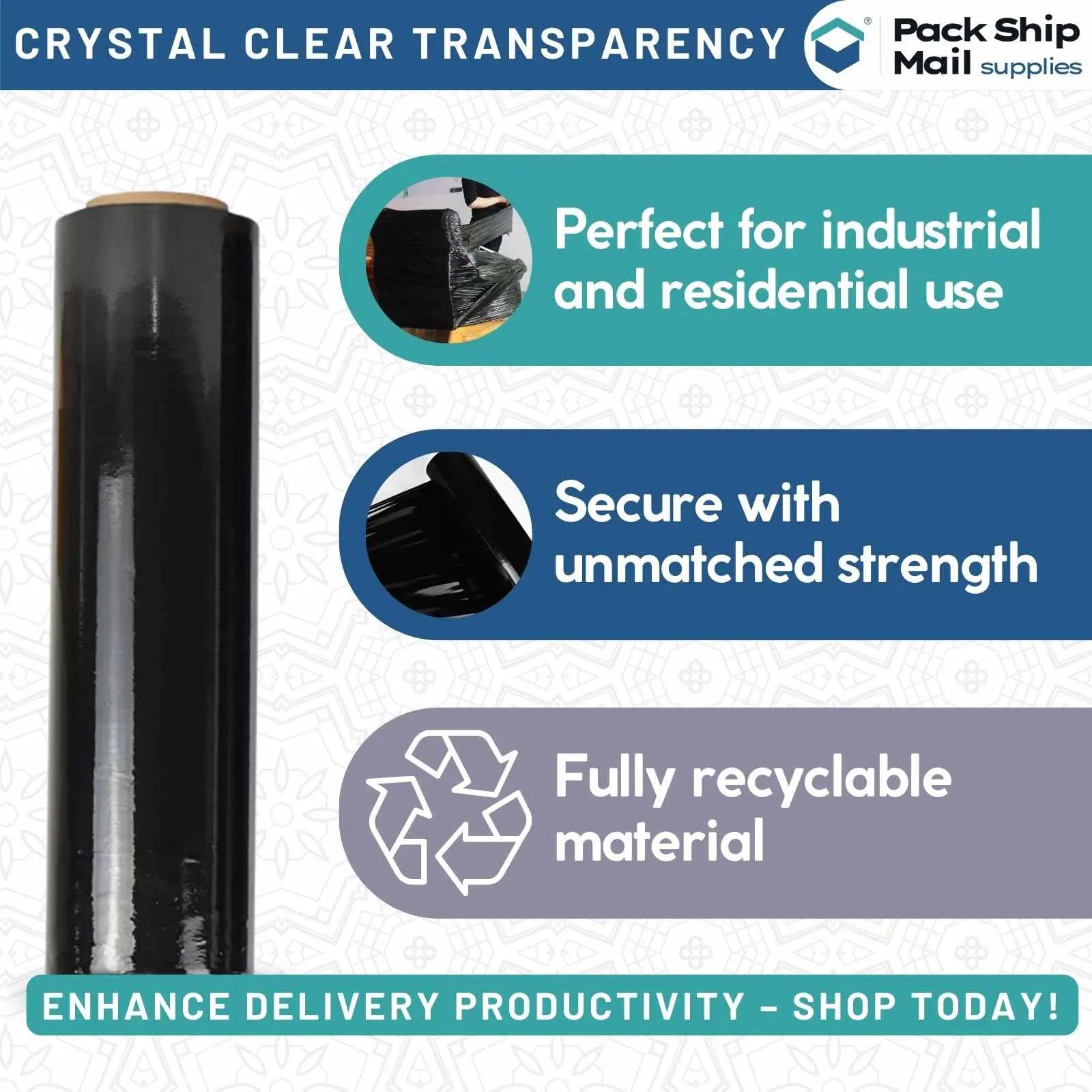 Four rolls of 18-inch by 1000-feet 85 gauge blown stretch black film, neatly packaged in a case.