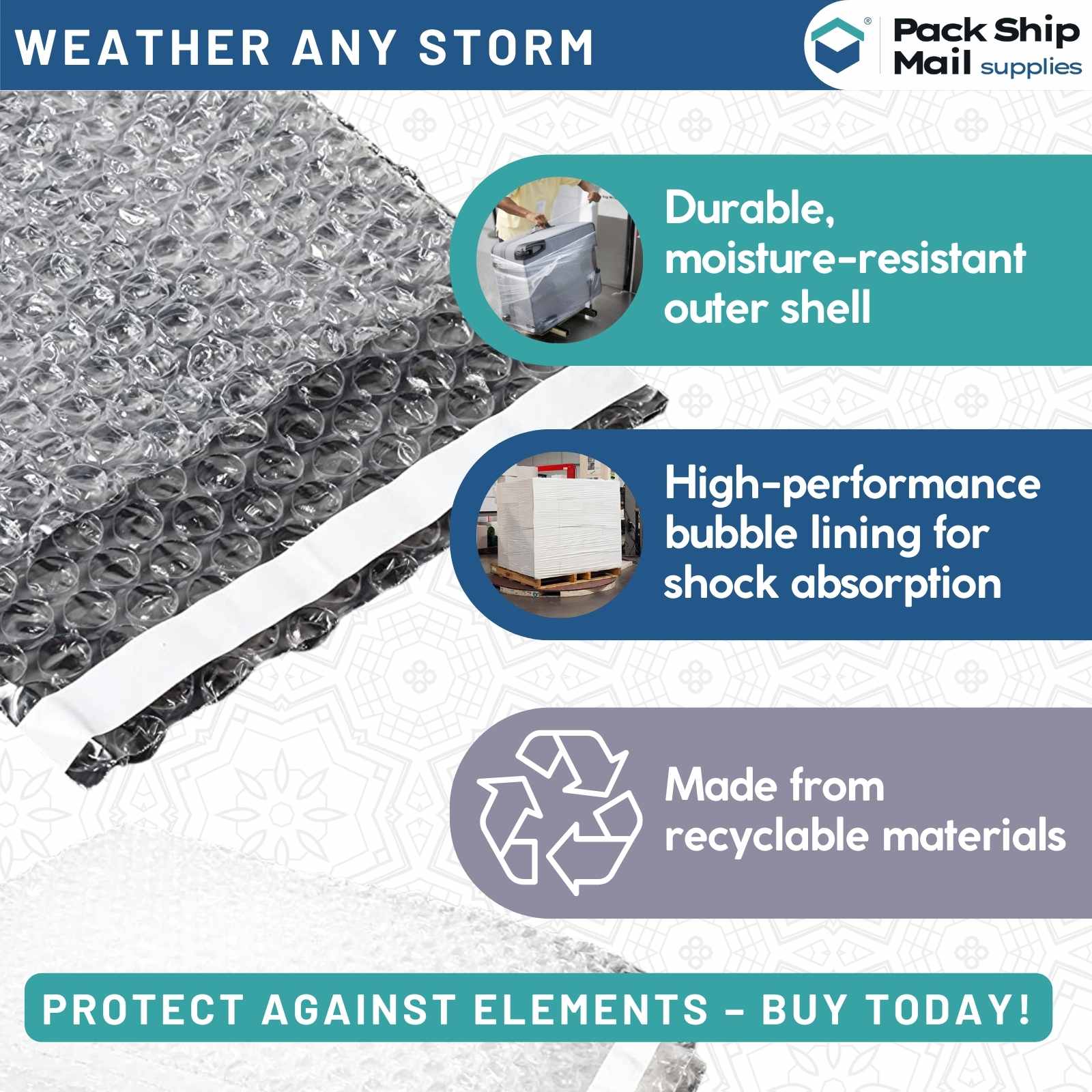 Images of 4 x 7.5-inch self-seal bubble bags, showcasing their durable design and secure sealing feature. Each bag ensures effective protection during shipping. Pack of 1100 per case.