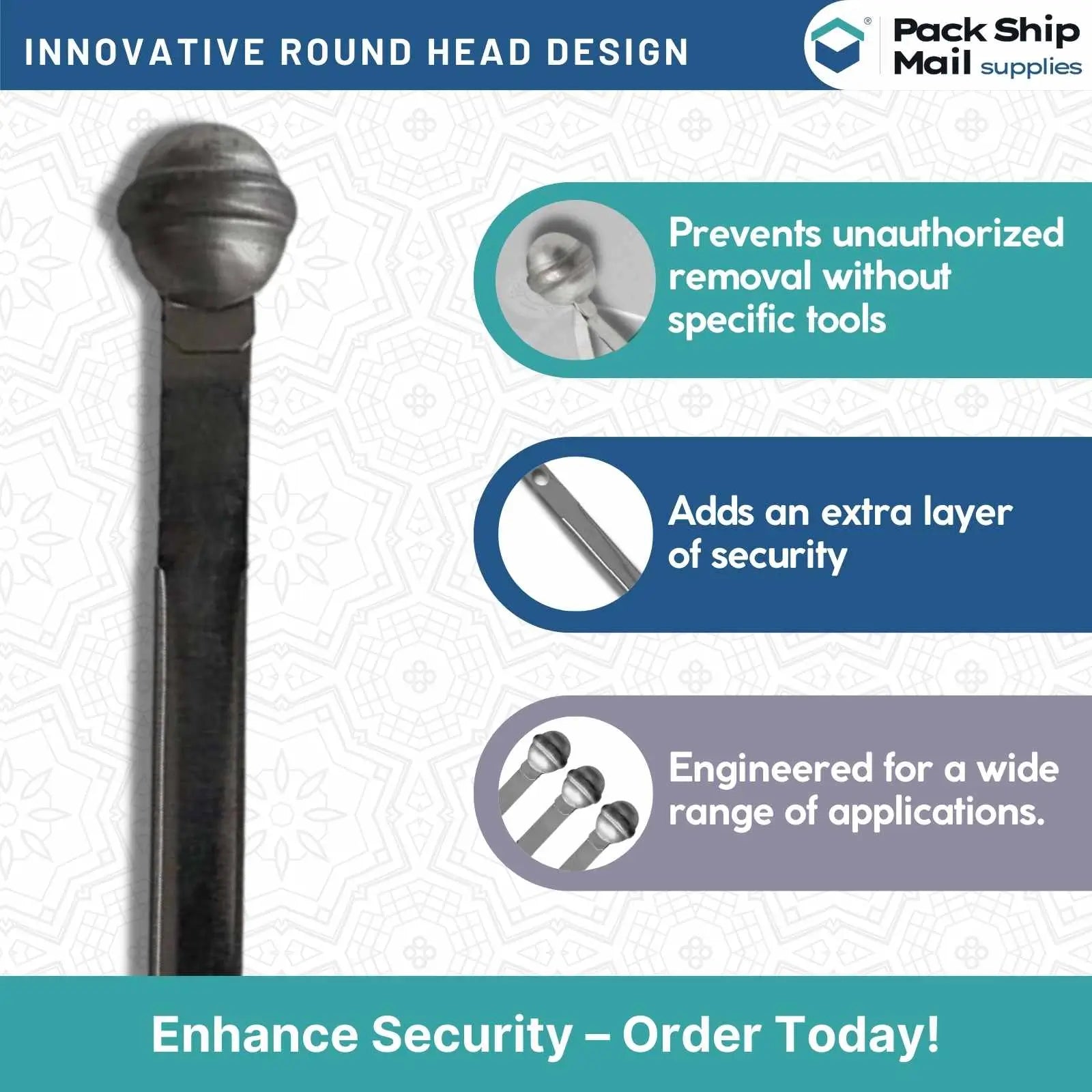 Close-up of Metal Seal Round Head 216 MM, 600 Per Case, emphasizing their robust, security-enhancing design for various applications.