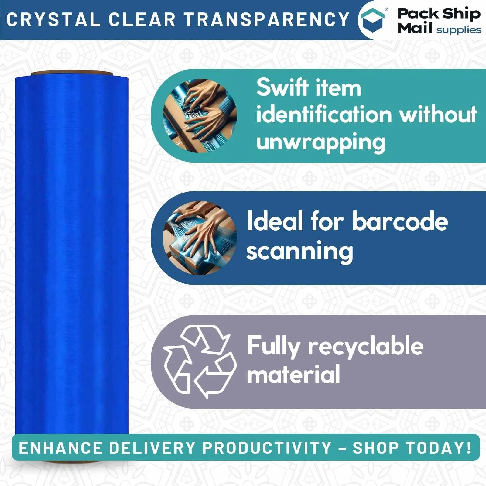 Four rolls of 18-inch by 1000-feet 85 gauge blown stretch blue film, neatly packaged in a case.