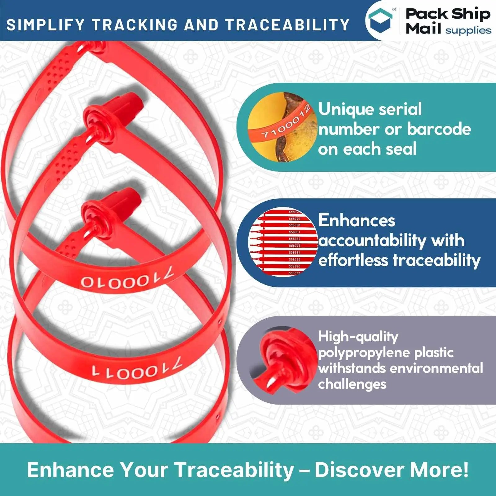 Boxes containing "Plastic Seal Fixed Length 200 MM 4000 Per Case," showcasing durable, tamper-evident seals for secure item protection during transit.