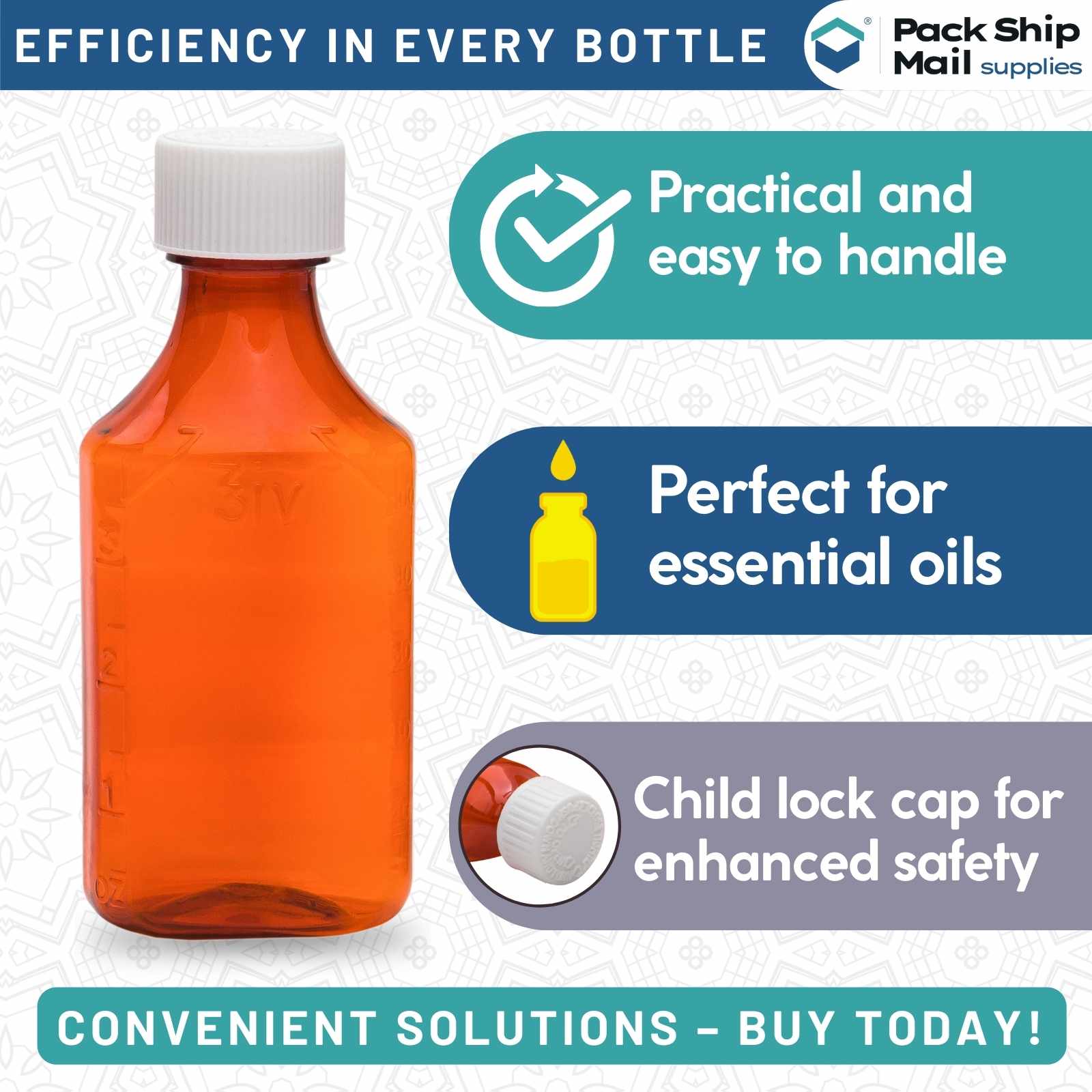 Amber oval bottle with child lock cap, 8 oz, sold in a case of 100.