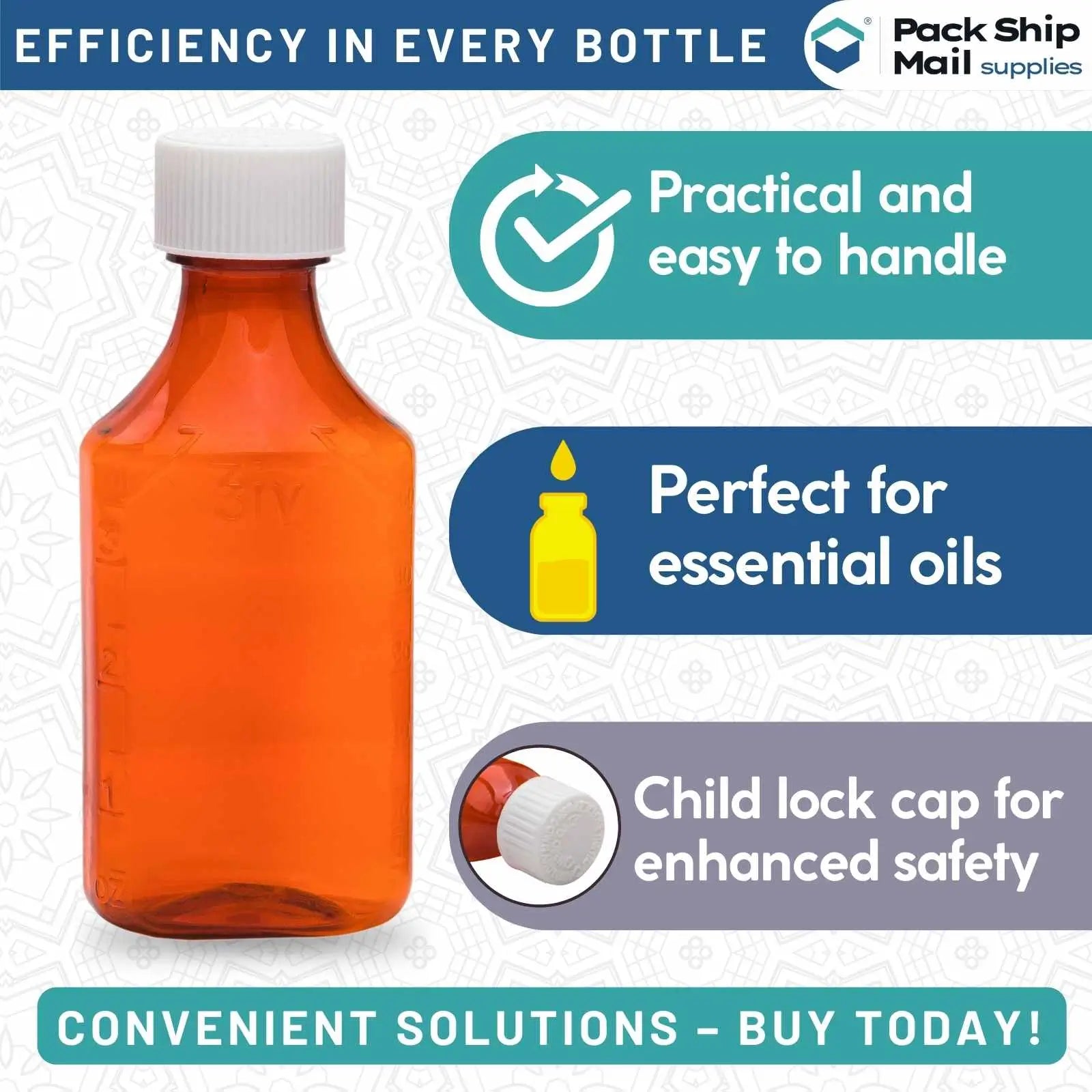 The image showcases a set of 12 oz amber oval bottles, each equipped with a child-lock cap. This case contains 50 bottles, making it perfect for secure storage and dispensing.