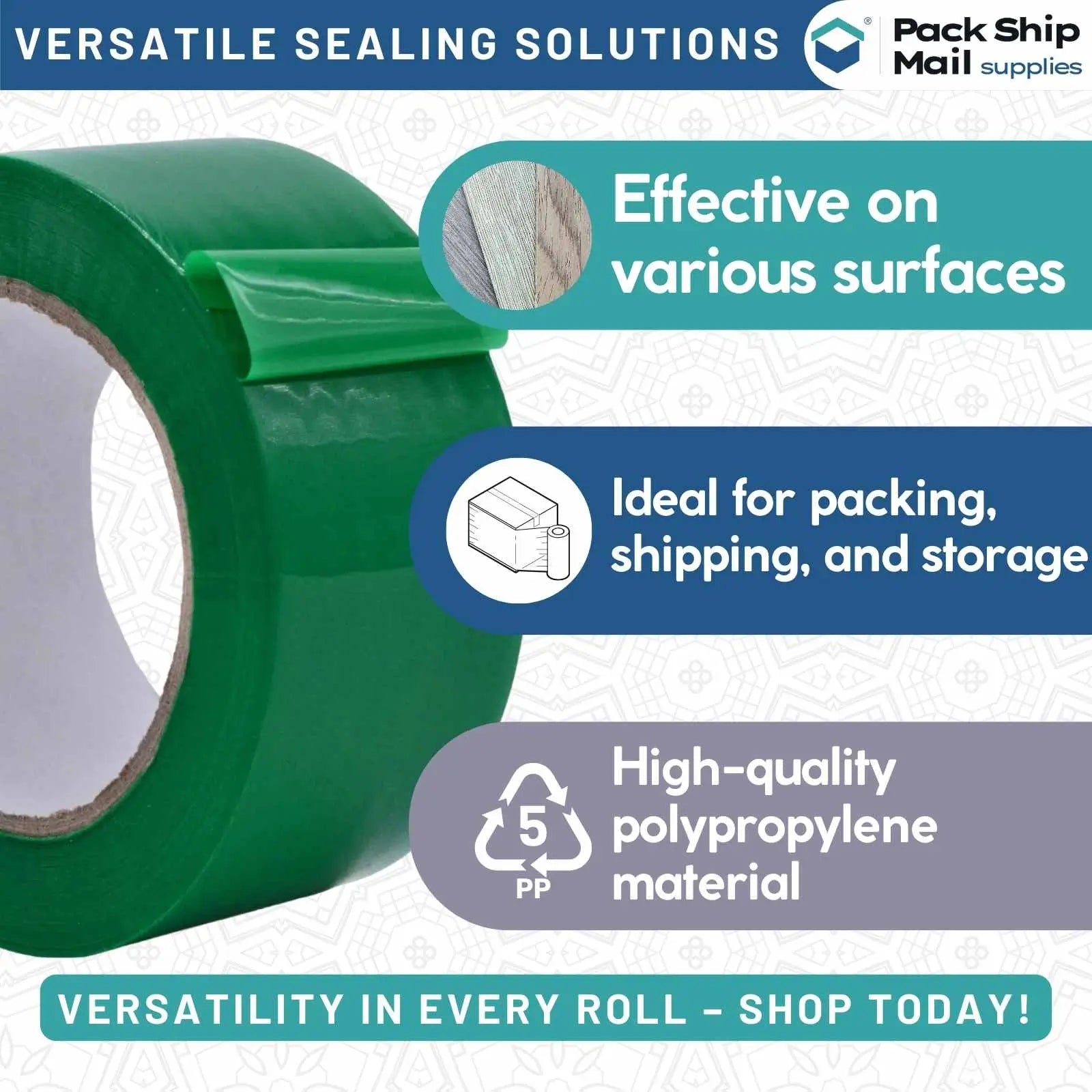 Image of 3-inch by 110 yards Carton Sealing Packing Tape in Green, 2 MIL thickness, packaged in a case of 6 rolls.