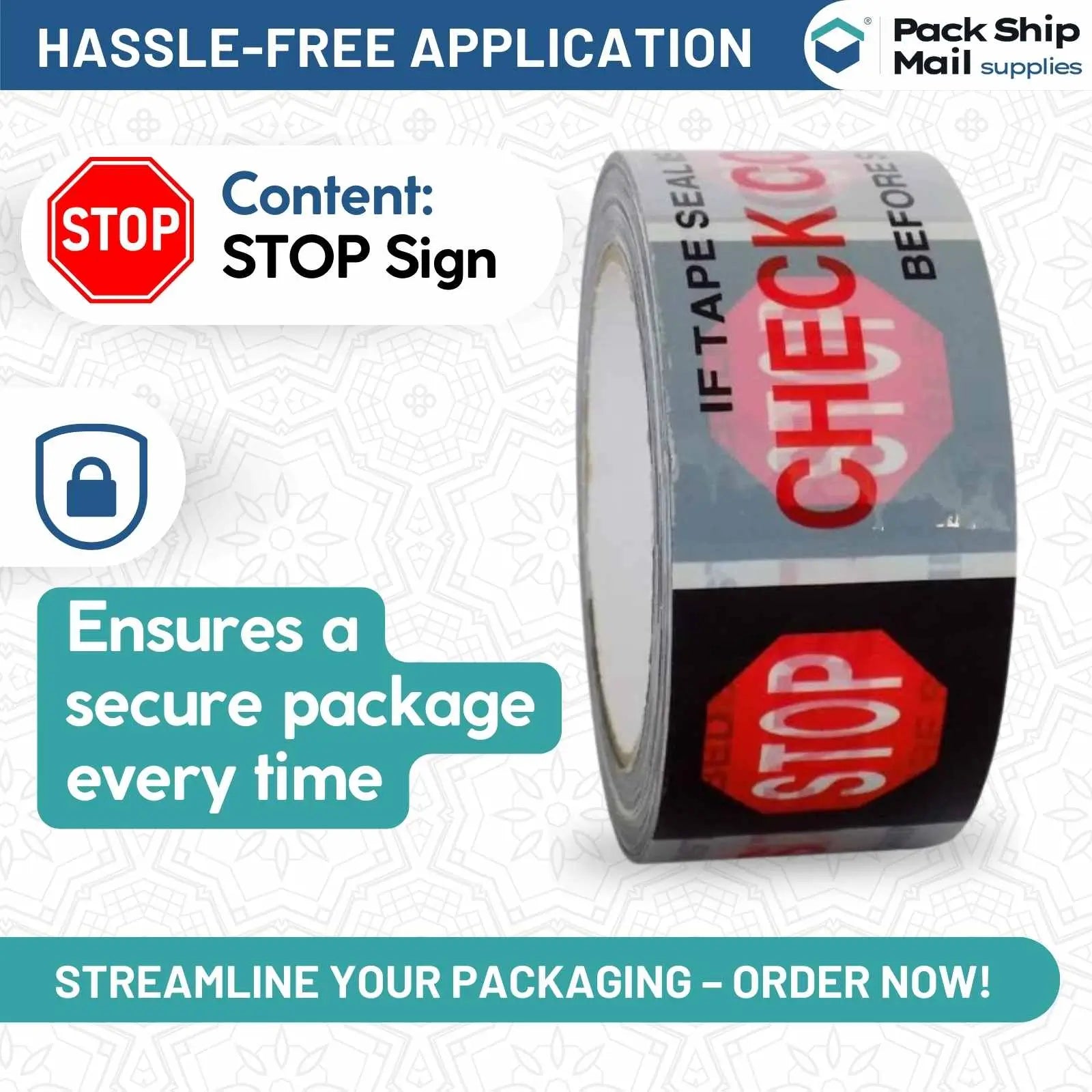 36 rolls of 2-inch by 110 yards 'STOP' carton sealing packing tape, 2 mil thick, in black, red, and white colors, stacked in a case.