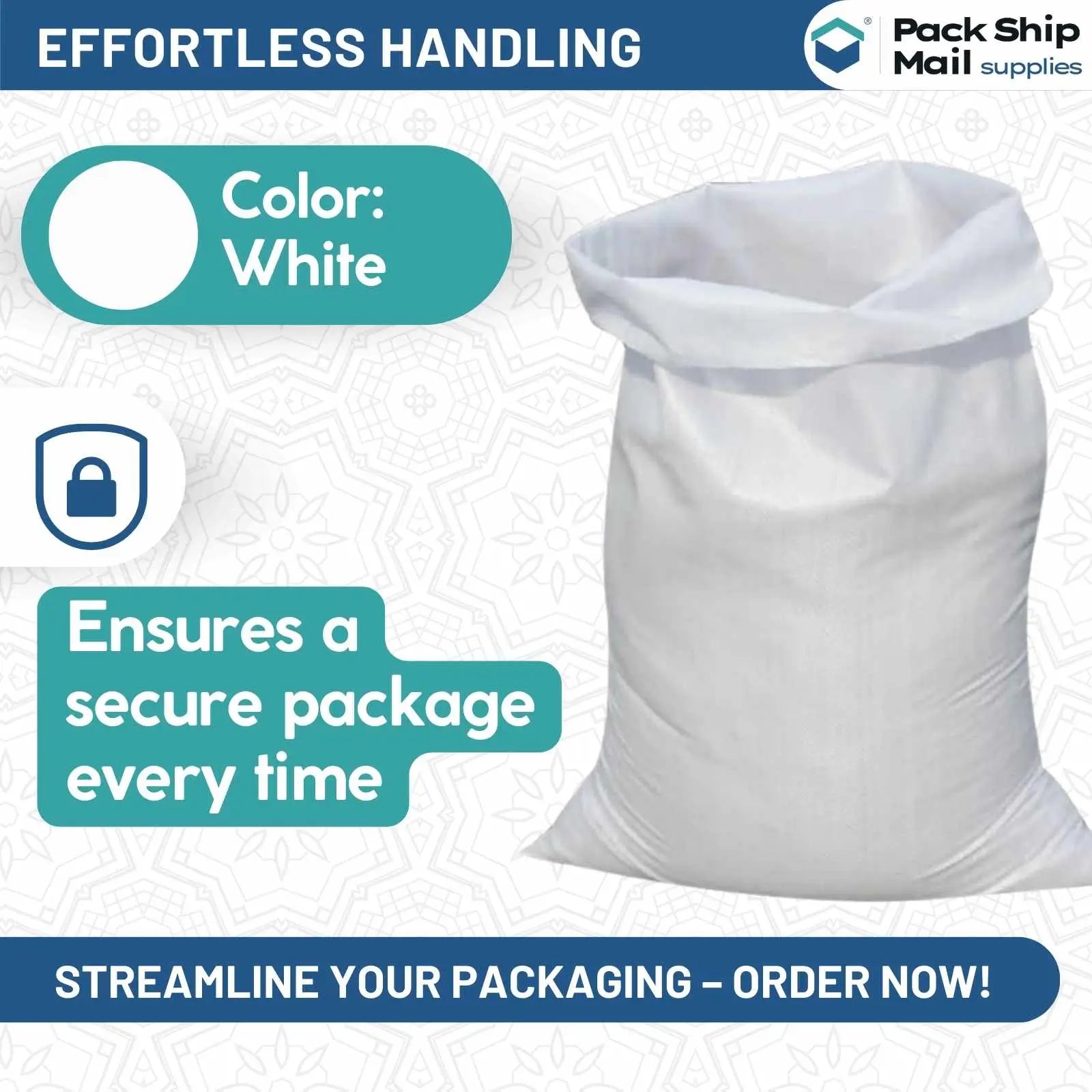 Five bundles of 28 x 40-inch white courier bags, neatly stacked with 500 bags per bundle.
