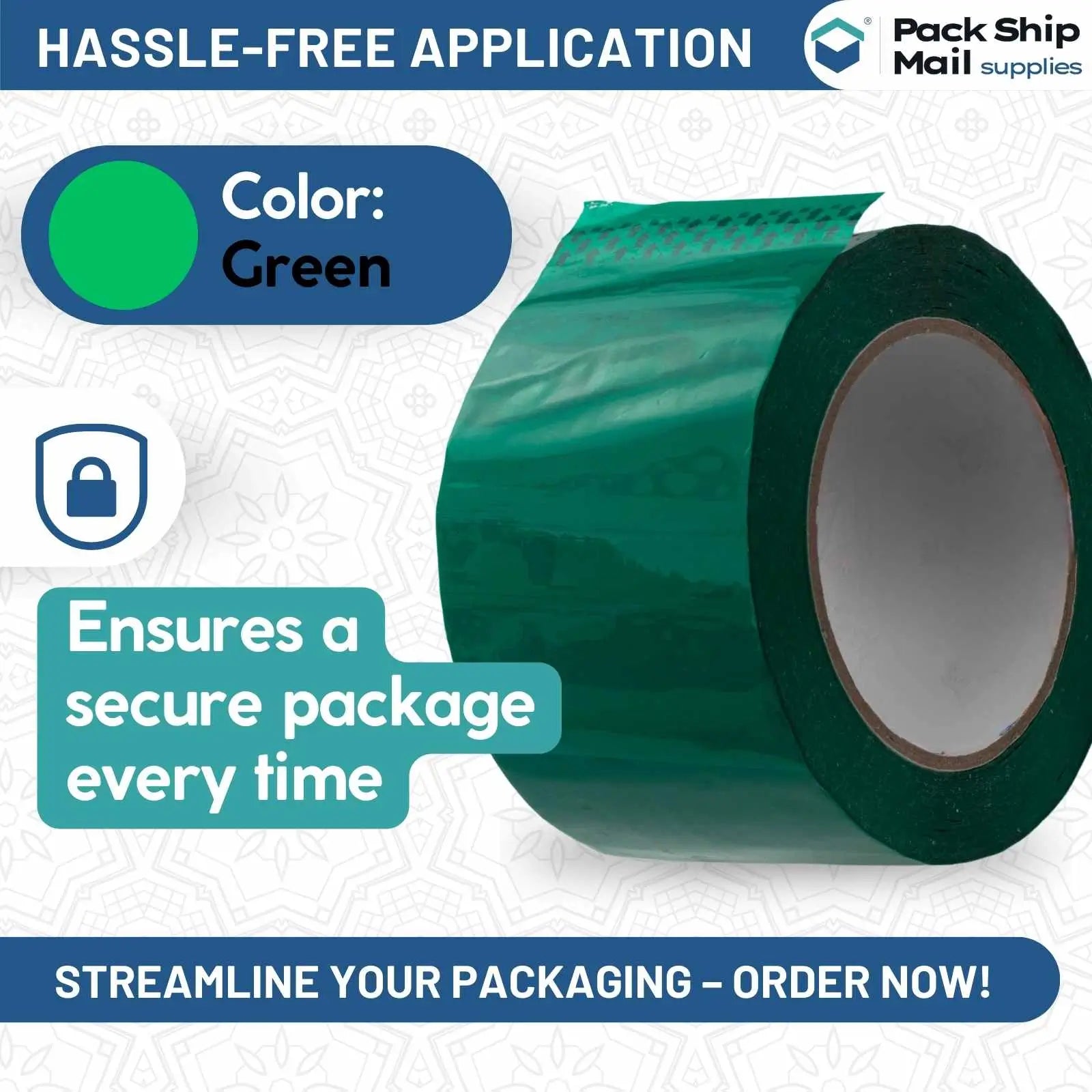 Image showing a case of 24 rolls of 3-inch by 110-yard 2 MIL green carton sealing packing tape.