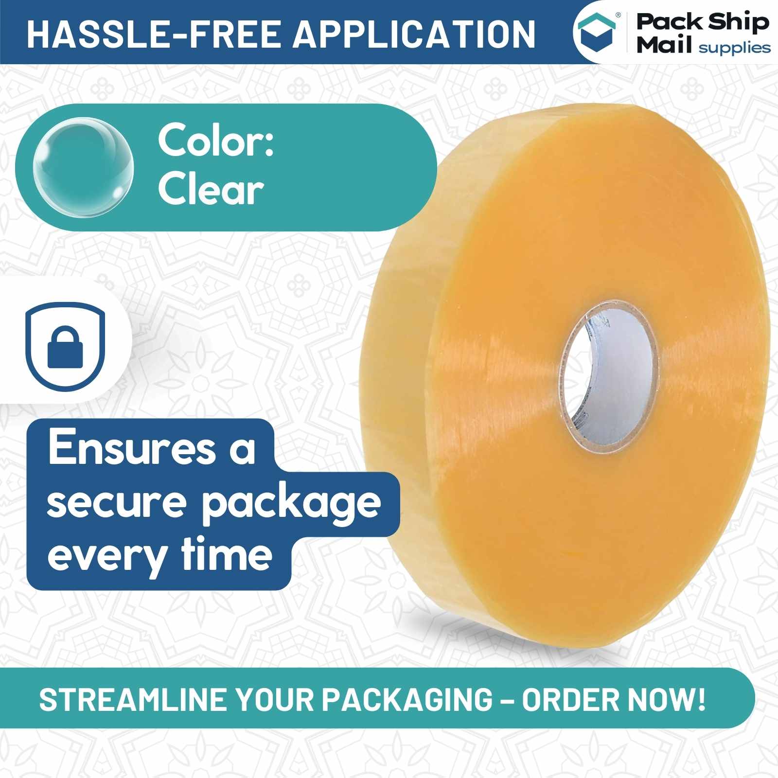Six rolls of 2-inch by 1000-yard 2.6 MIL clear carton sealing packing tape, organized in a case.