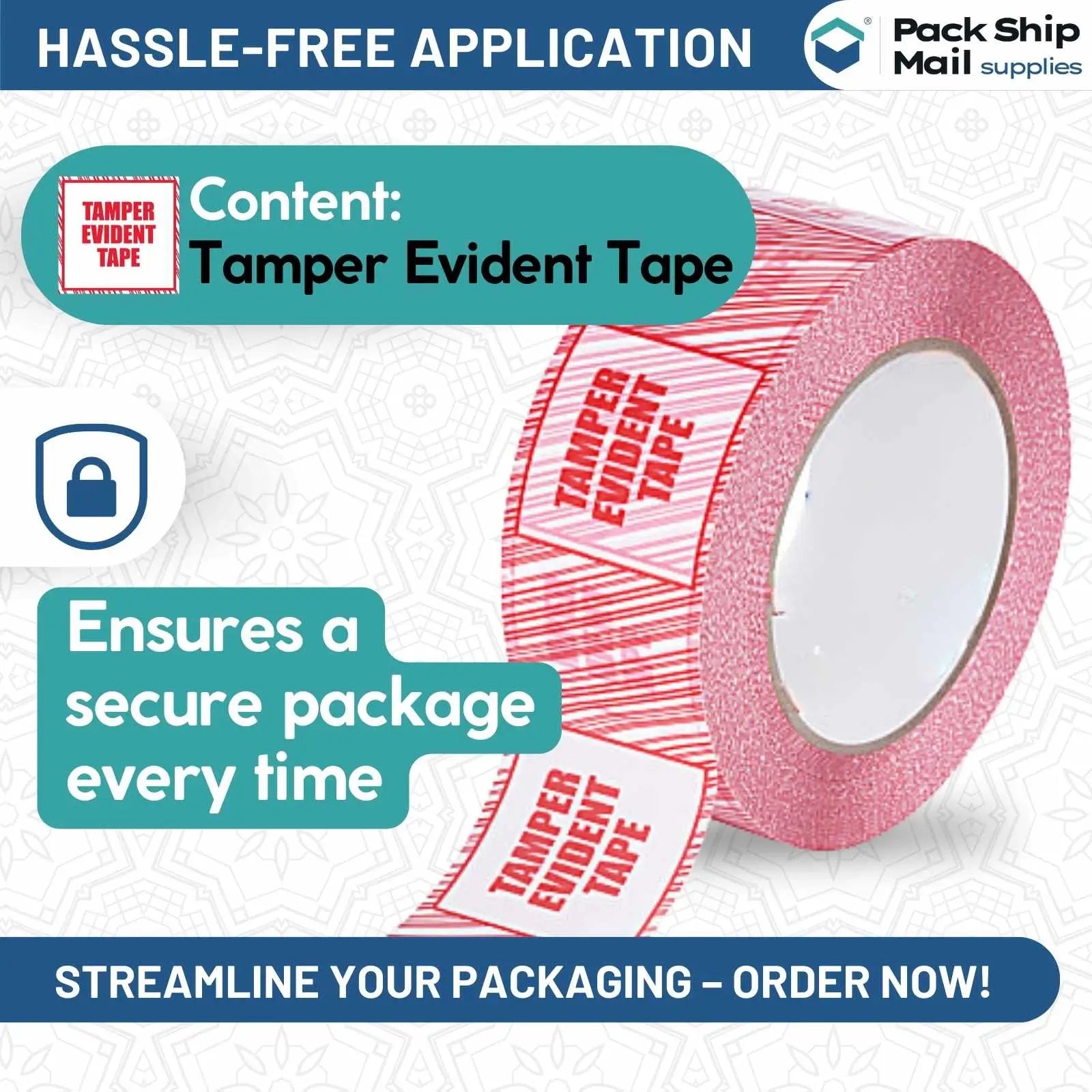 Four rolls of 3 by 110 yards red tamper-evident carton sealing tape with 2 MIL thickness, neatly packaged in a case of 24.
