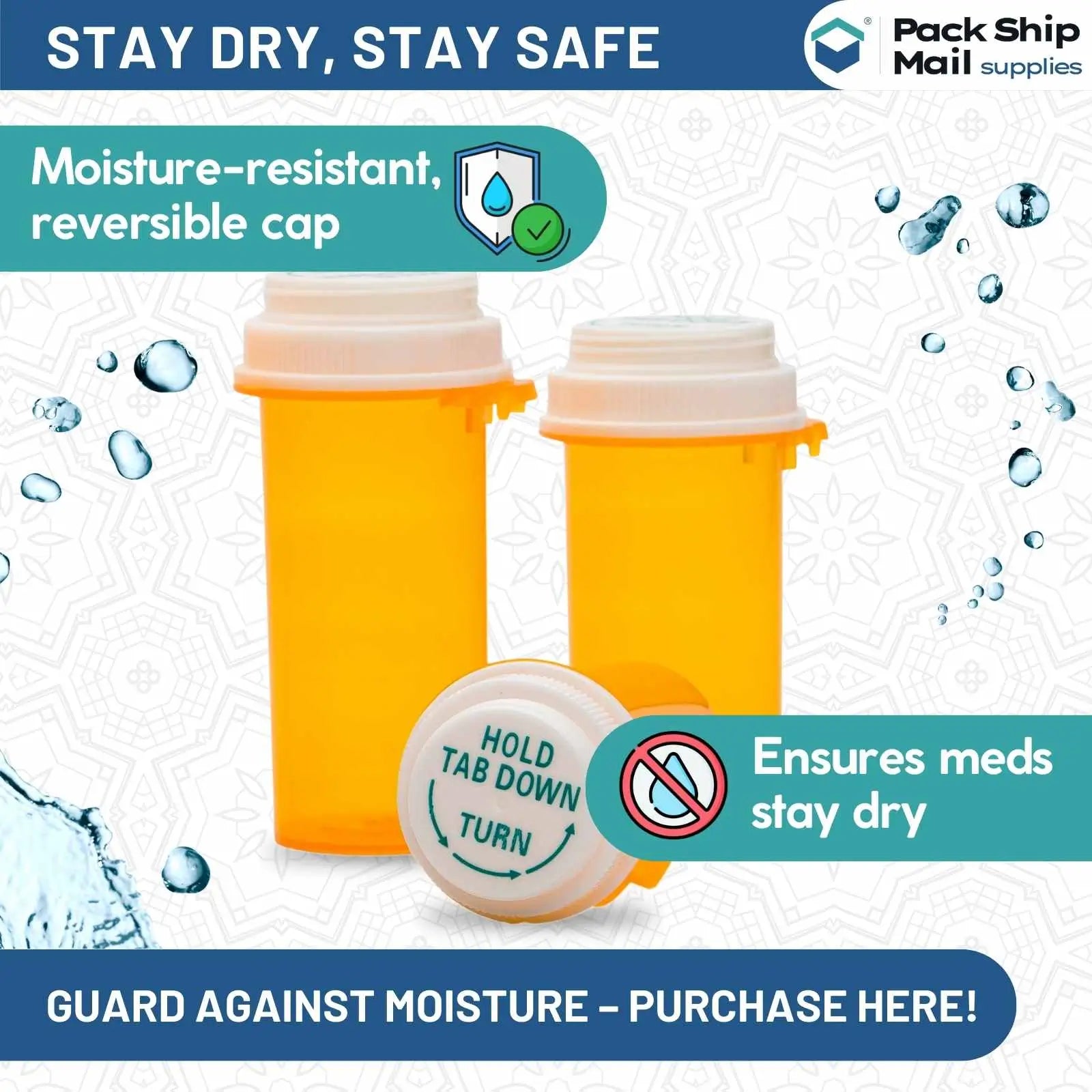 The image showcases a case containing 10 dram amber thumb-tab reversible cap vials, with a total of 520 vials in the package.