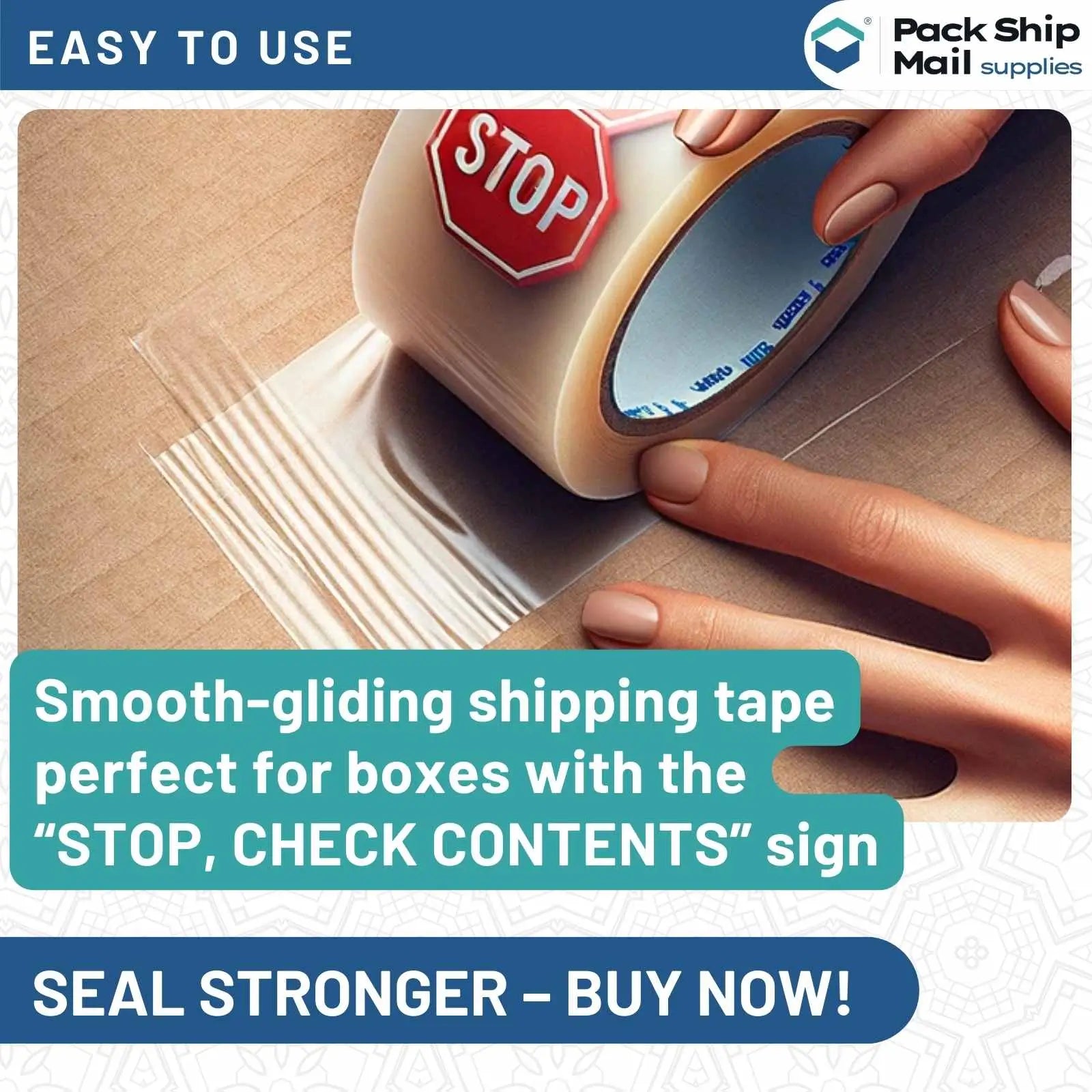 36 rolls of 2-inch by 110 yards 'STOP' carton sealing packing tape, 2 mil thick, in black, red, and white colors, stacked in a case.