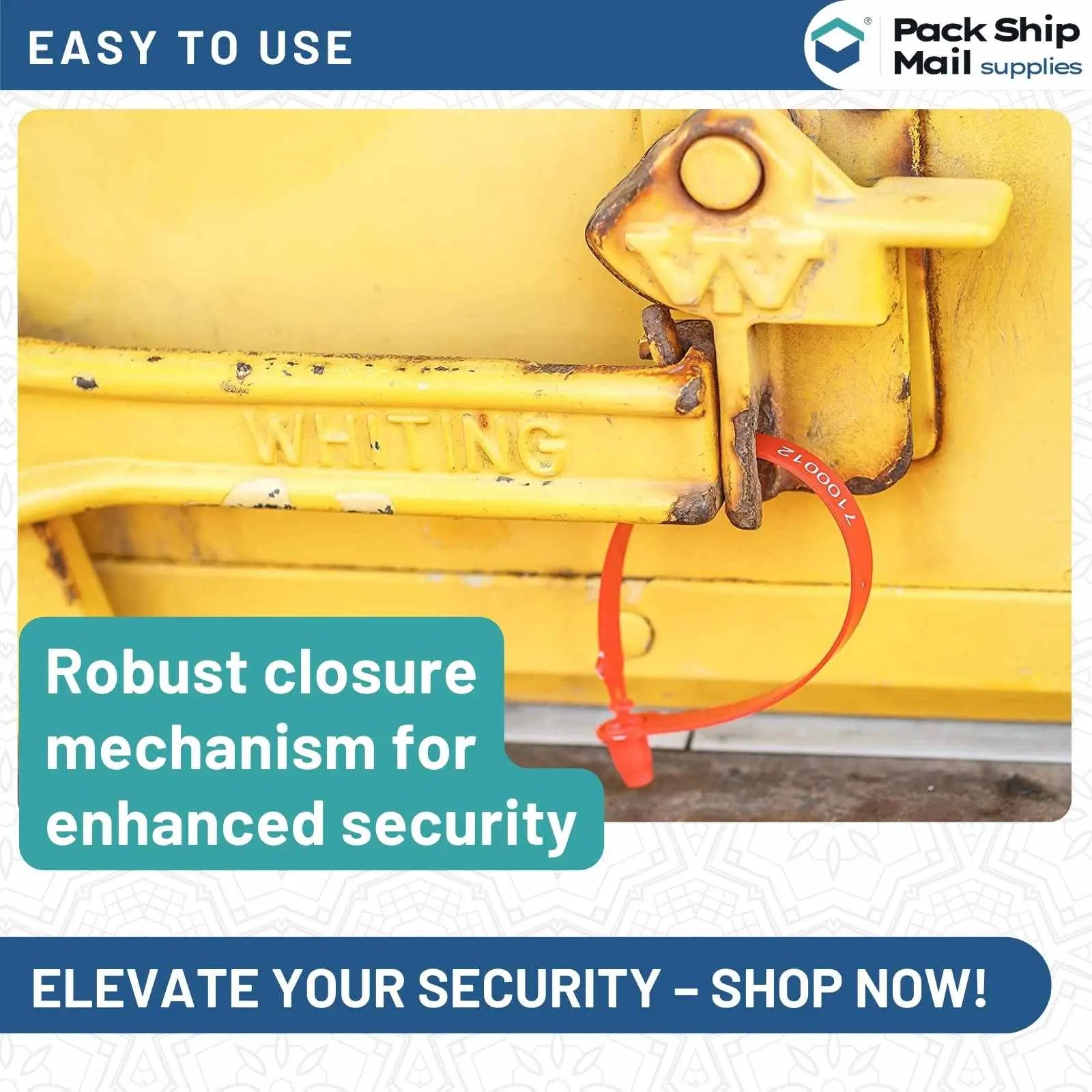 Boxes containing "Plastic Seal Fixed Length 200 MM 4000 Per Case," showcasing durable, tamper-evident seals for secure item protection during transit.