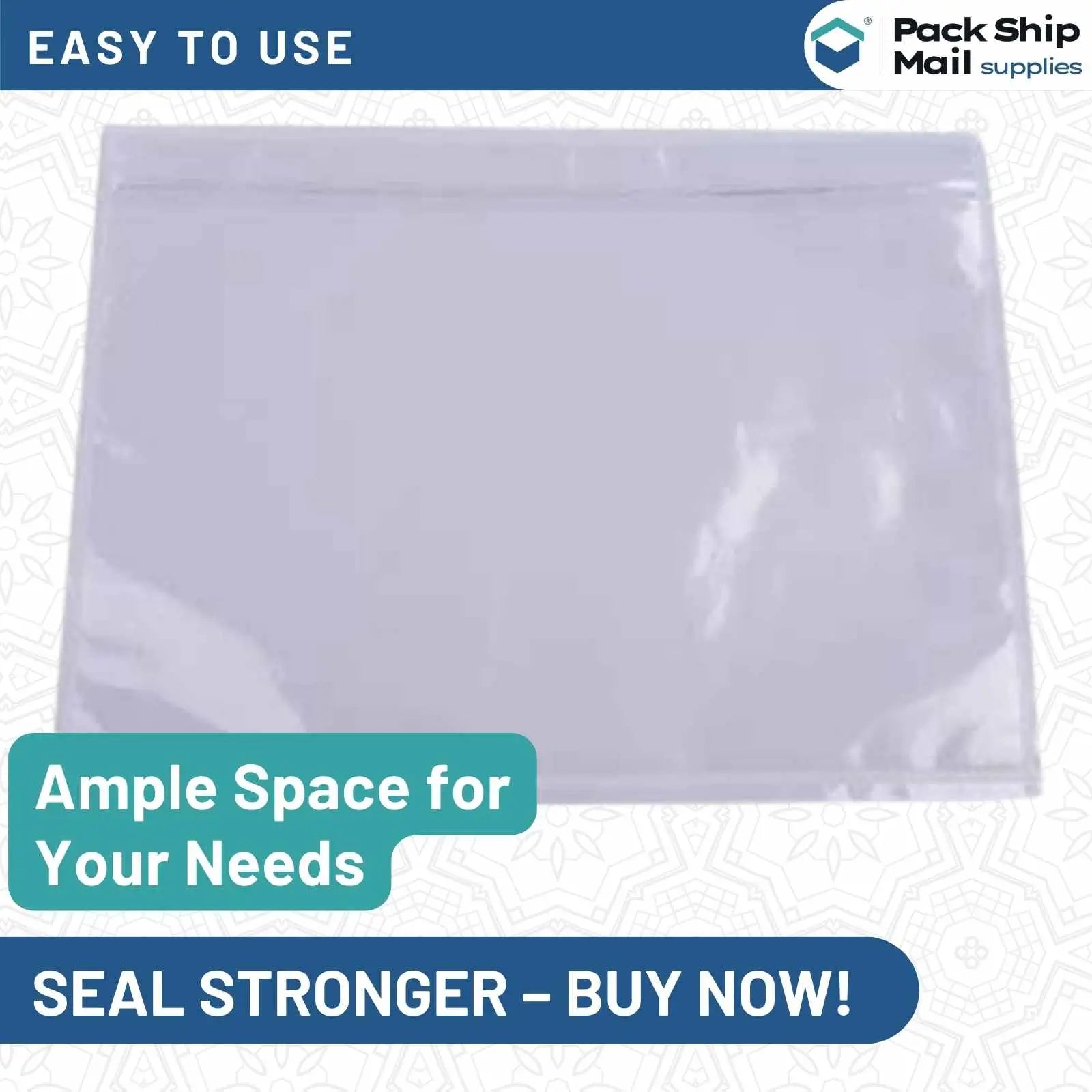 Display of "10 x 12 Clear Packing List Envelopes," showcasing a case of 200 transparent, self-adhesive envelopes designed for efficient document protection and easy surface attachment.