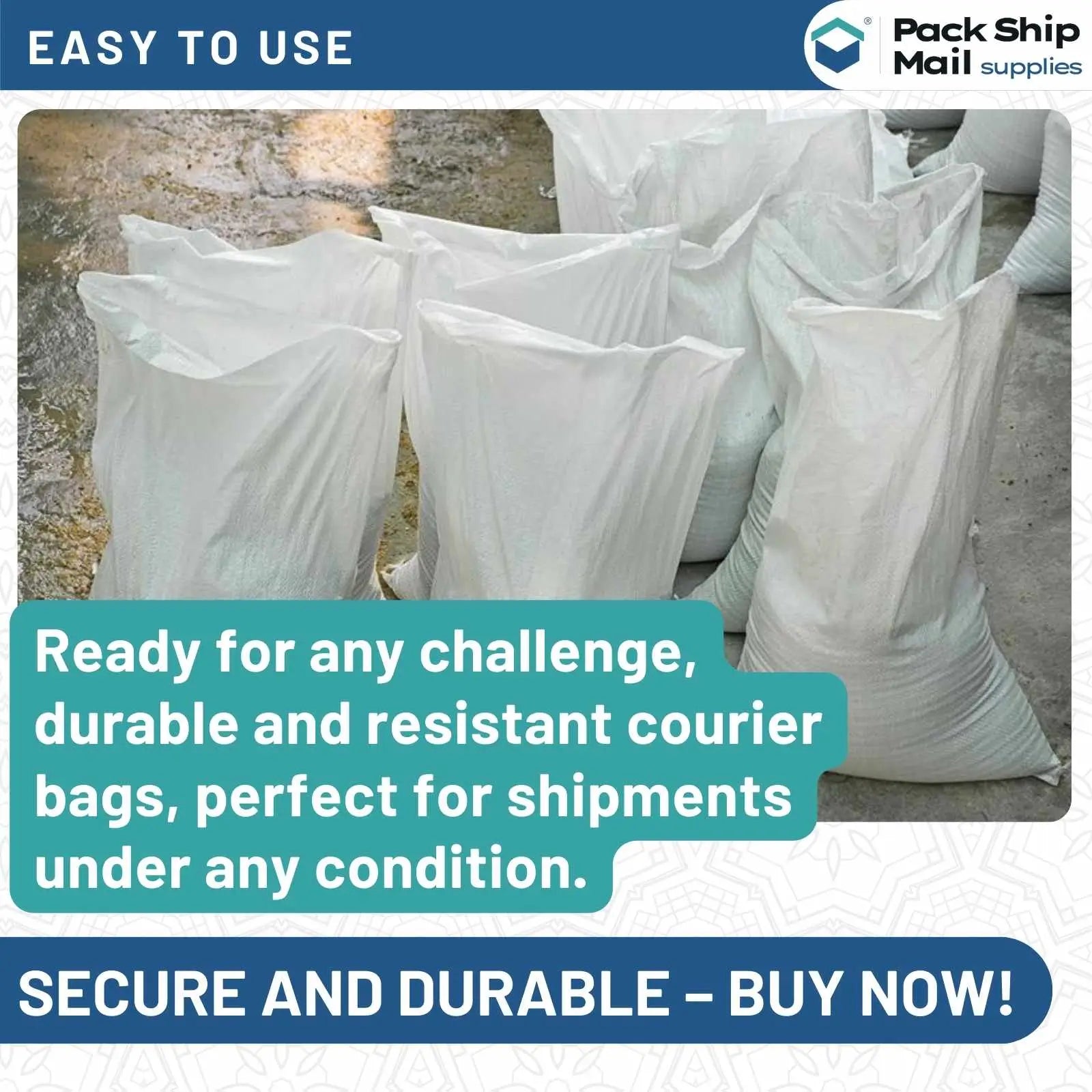 Five bundles of 28 x 40-inch white courier bags, neatly stacked with 500 bags per bundle.