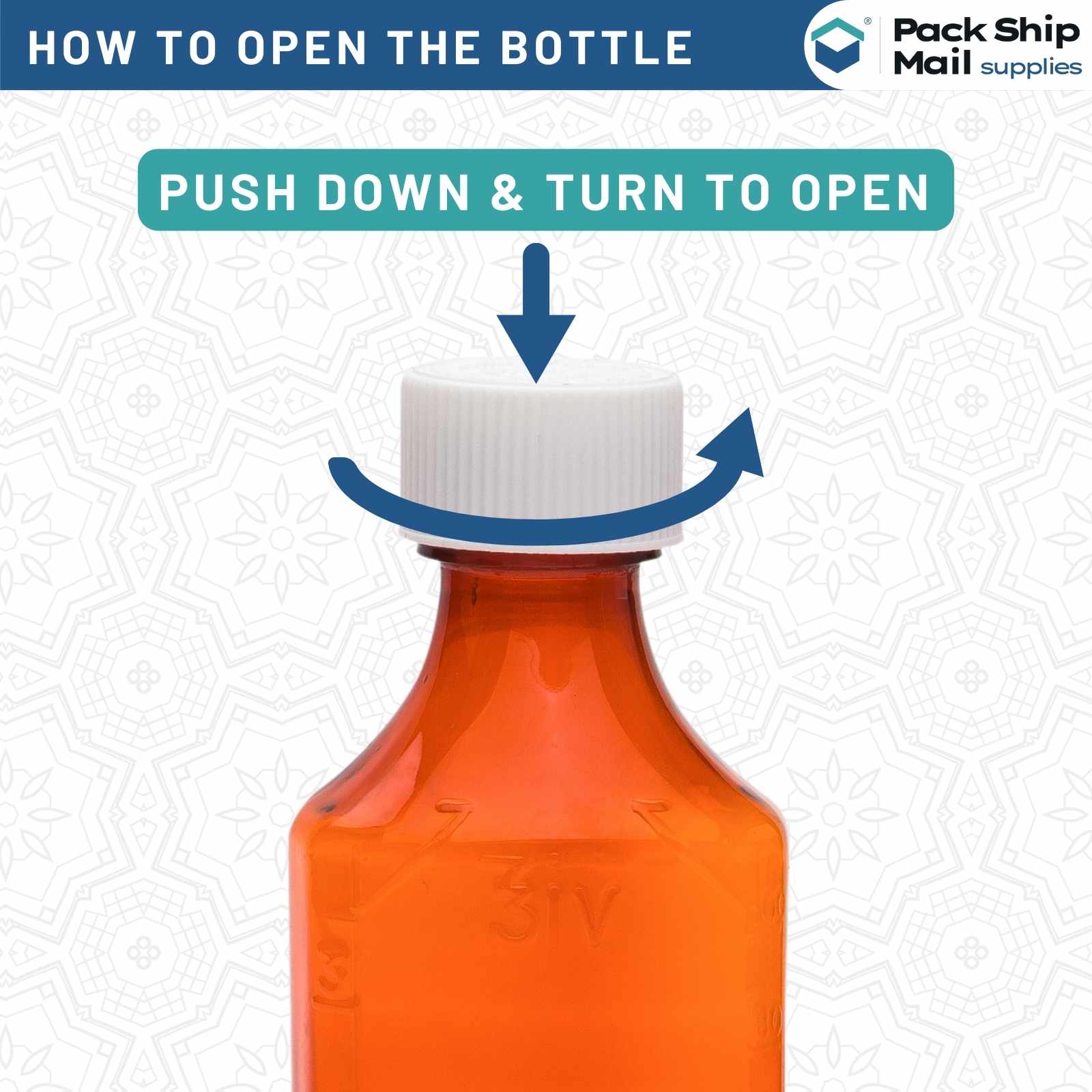 Amber oval bottle with child lock cap, 8 oz, sold in a case of 100.