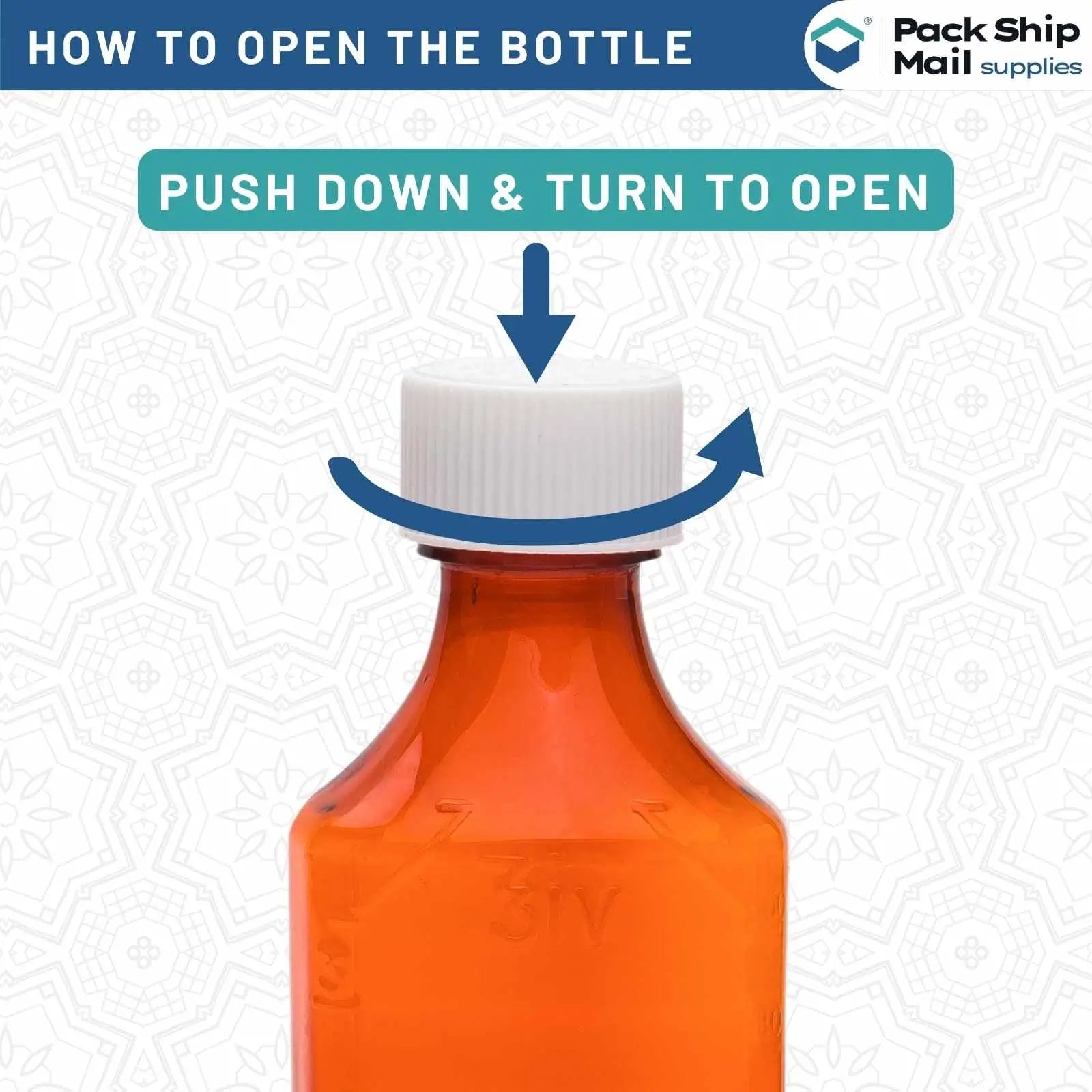 The image showcases a case of 1 oz amber oval bottles, each equipped with a child lock cap. There are 400 bottles in this case.