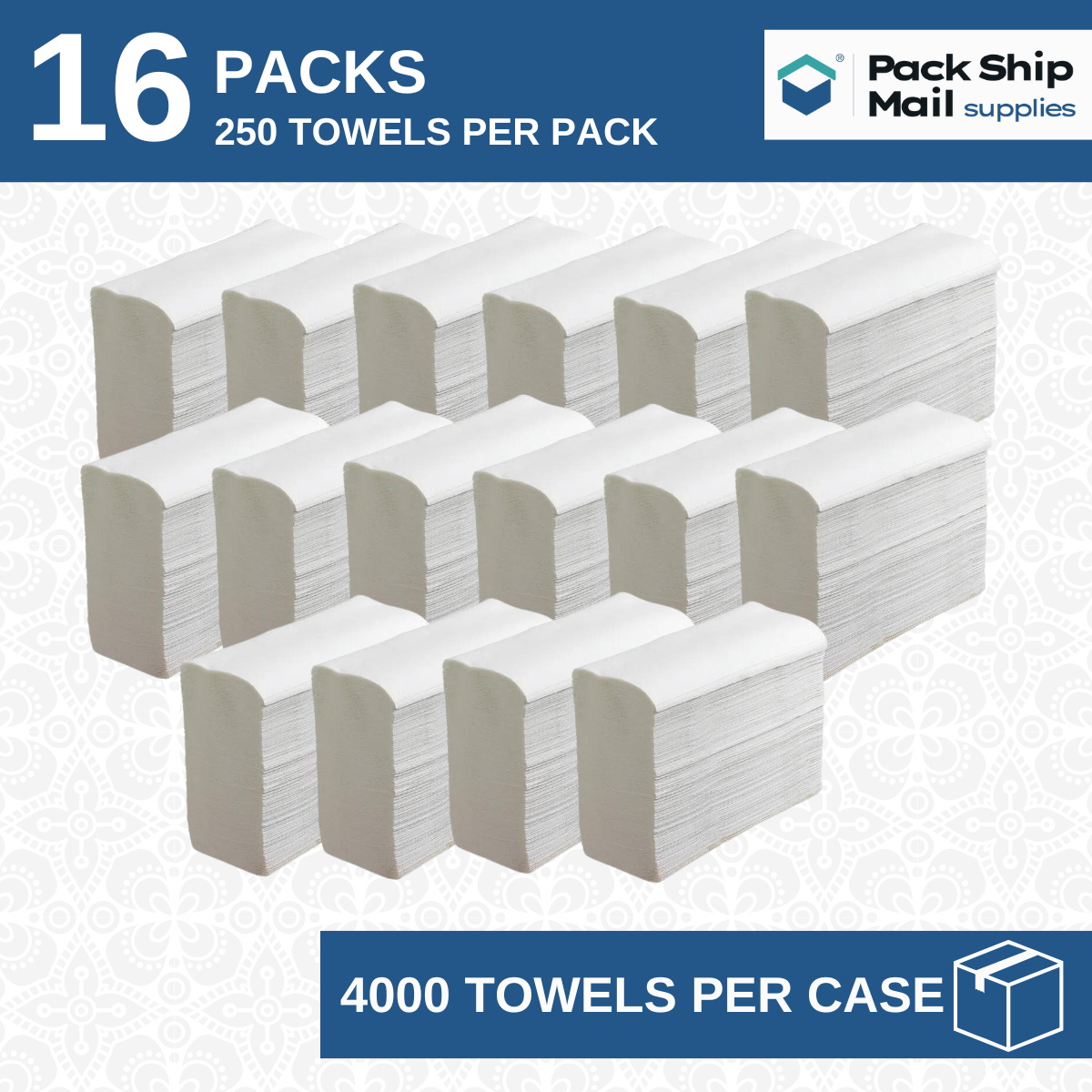 White multifold paper towels, sold in a case of 16 packs.