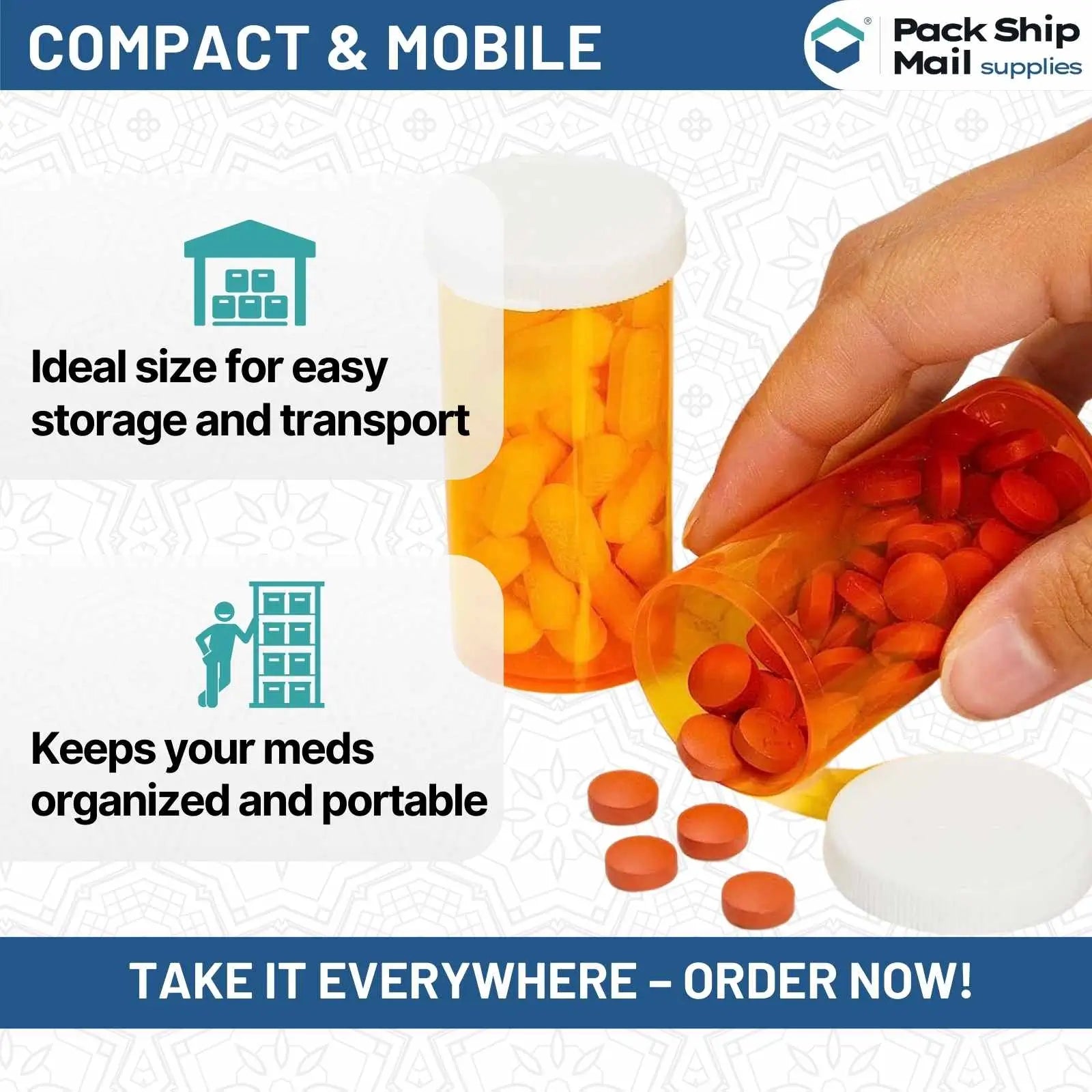 The image showcases a case containing 20 dram amber snap cap vials, with 25 vials per case.