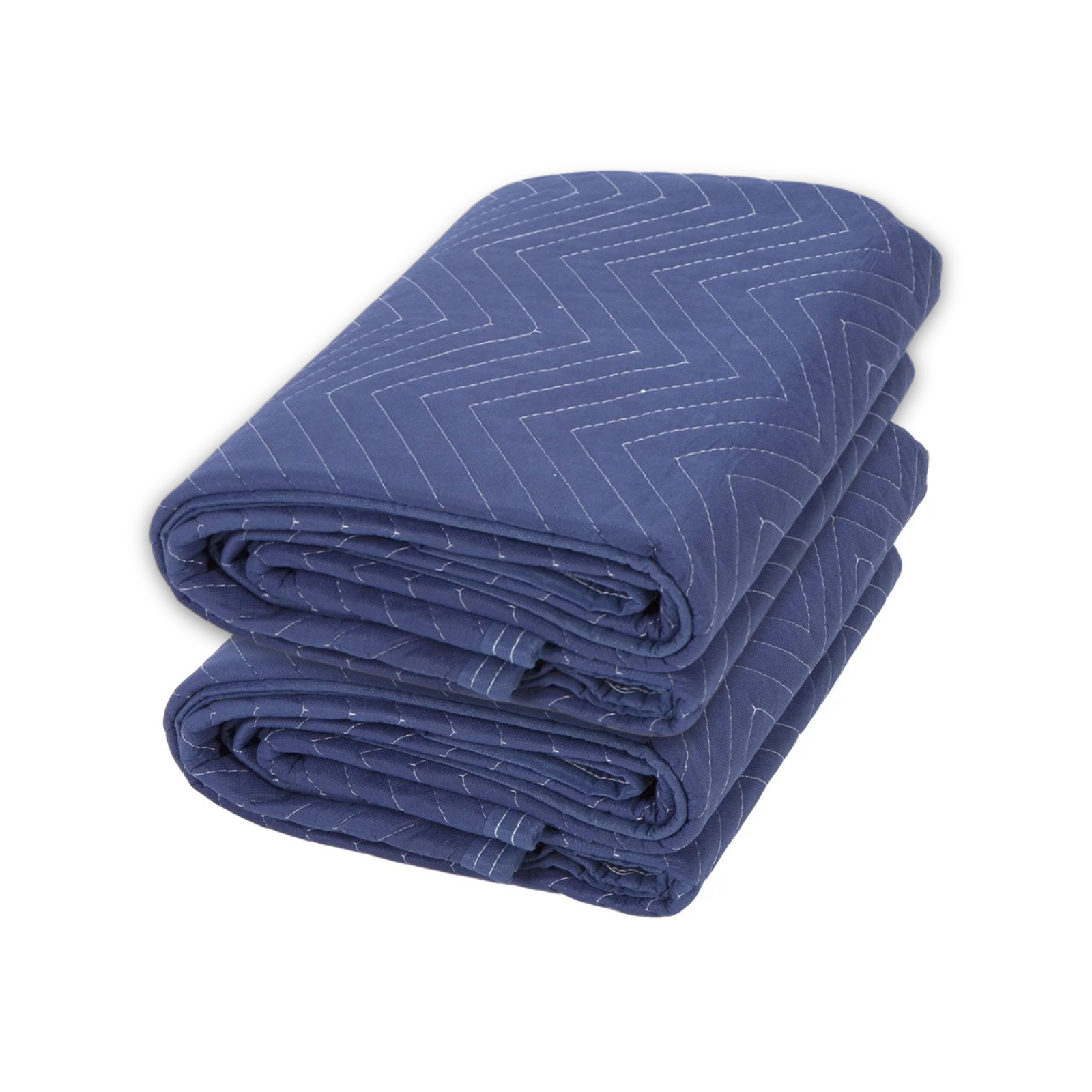 The image shows a bundle of 48 moving blankets in a combination of dark blue and light blue, each measuring 72" x 80" and weighing 43 pounds. Ideal for comprehensive protection during your move.