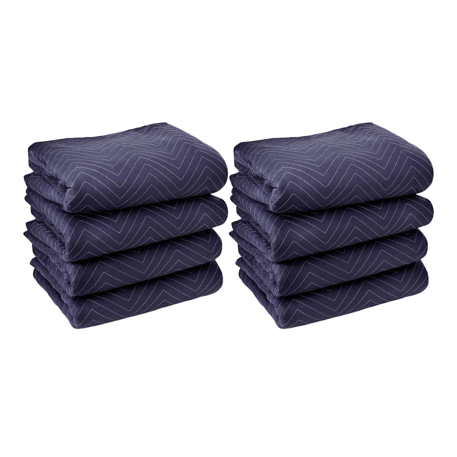 The image shows a bundle of 48 moving blankets in a combination of dark blue and light blue, each measuring 72" x 80" and weighing 43 pounds. Ideal for comprehensive protection during your move.