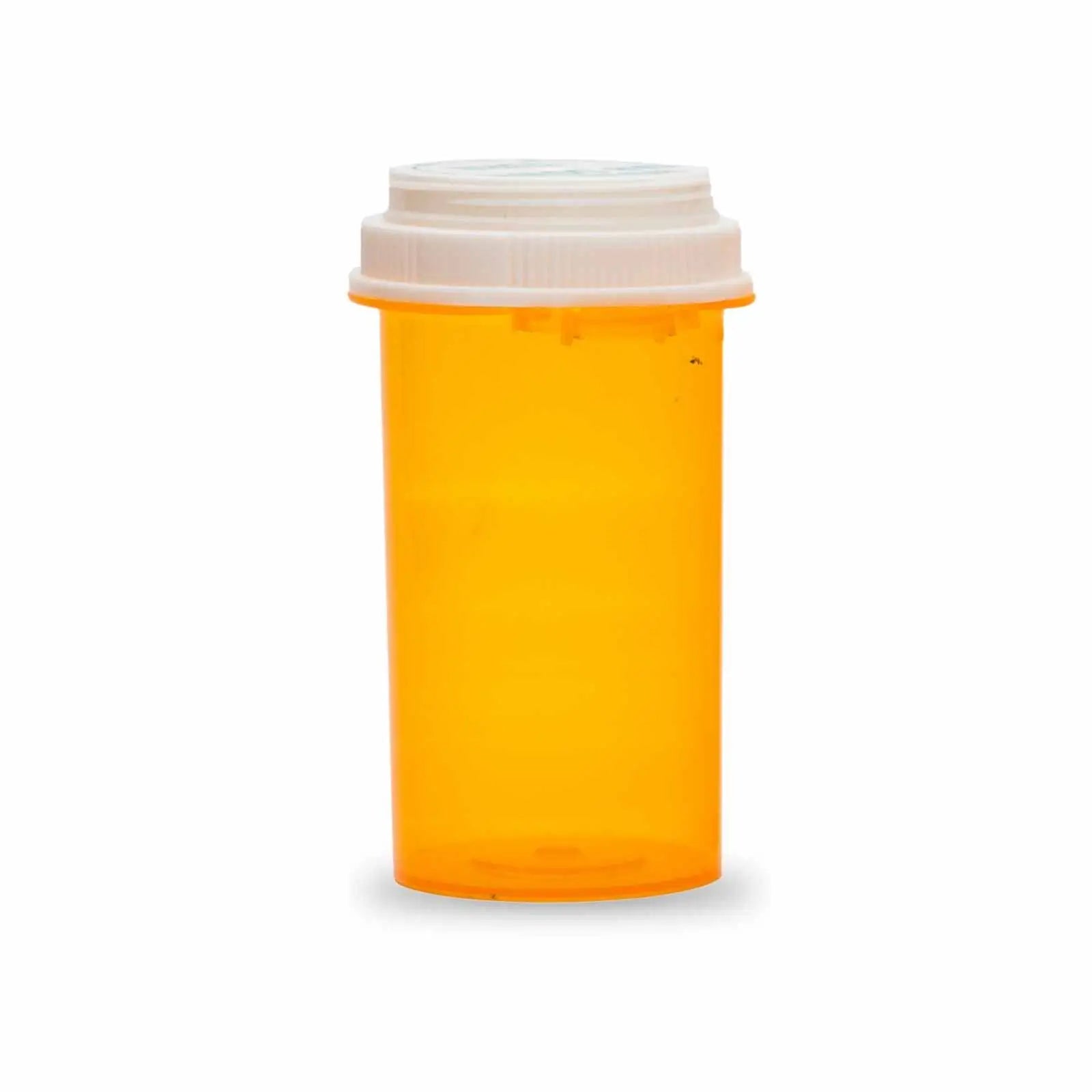 The image showcases a case containing 30 Dram Amber Thumb Tab Reversible Cap Vials, with 12 vials per case.