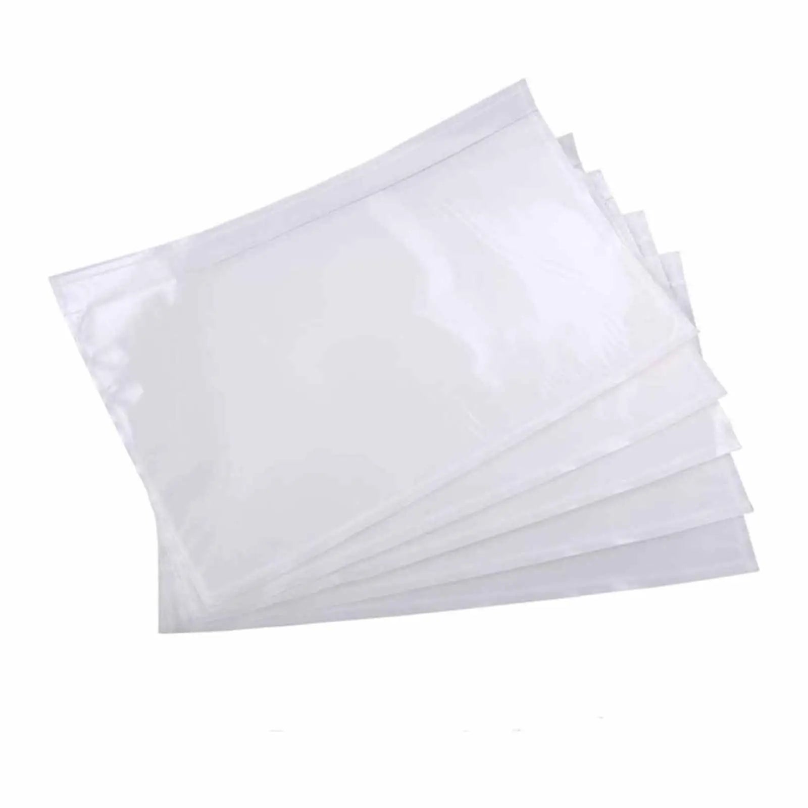 Display of "10 x 12 Clear Packing List Envelopes," showcasing a case of 200 transparent, self-adhesive envelopes designed for efficient document protection and easy surface attachment.