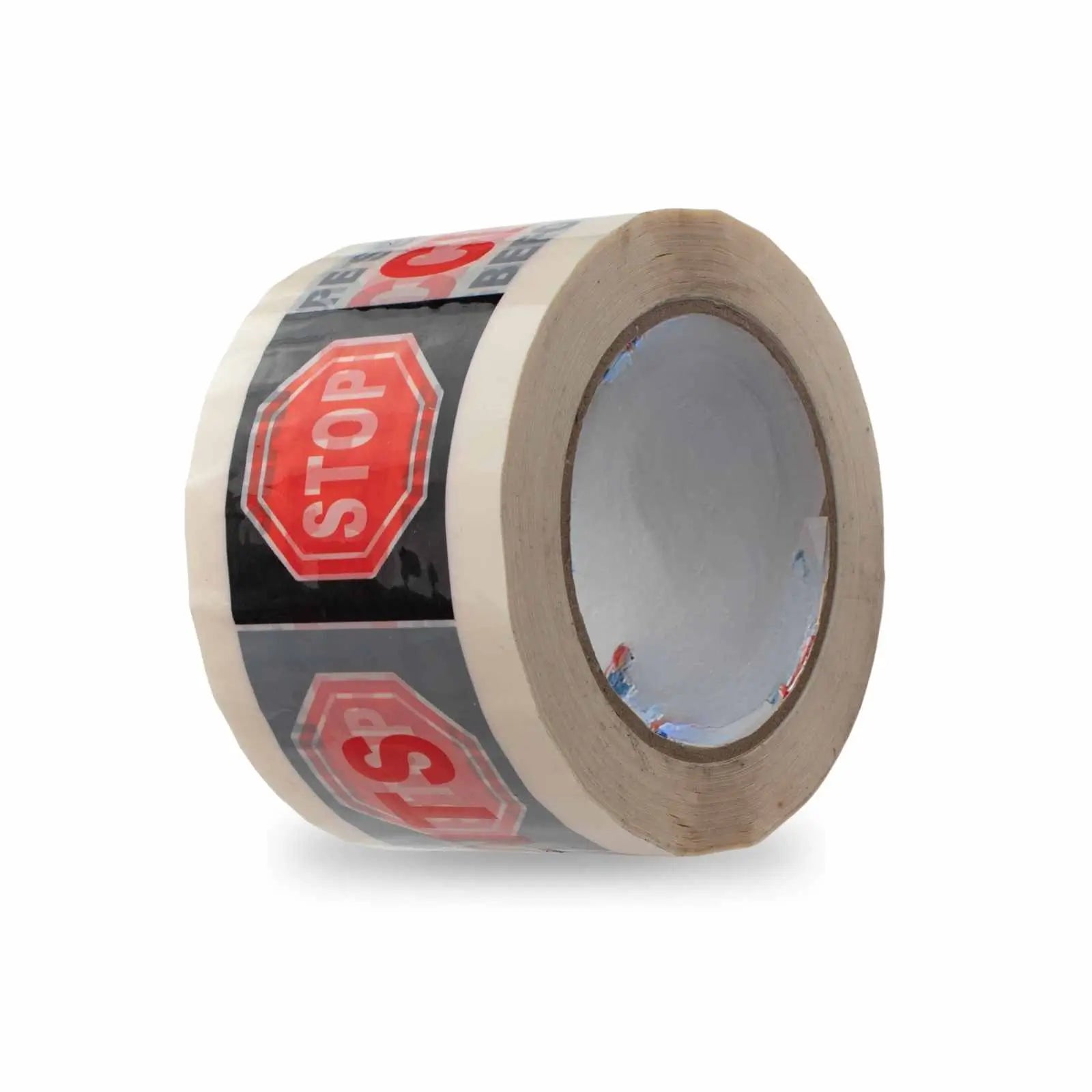 36 rolls of 2-inch by 110 yards 'STOP' carton sealing packing tape, 2 mil thick, in black, red, and white colors, stacked in a case.