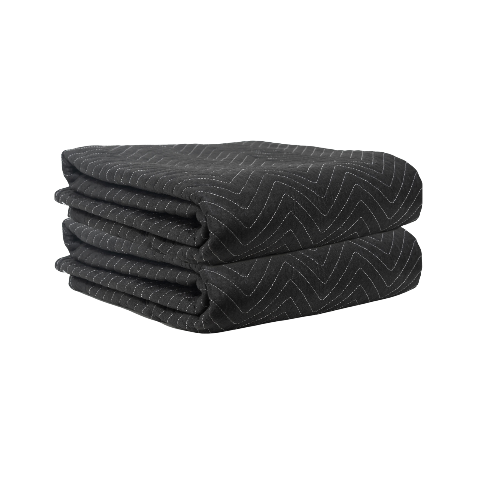 The image showcases a bundle of two robust black moving blankets, each measuring 72" x 80" and weighing 55 pounds in total. Ideal for secure item protection during moves.