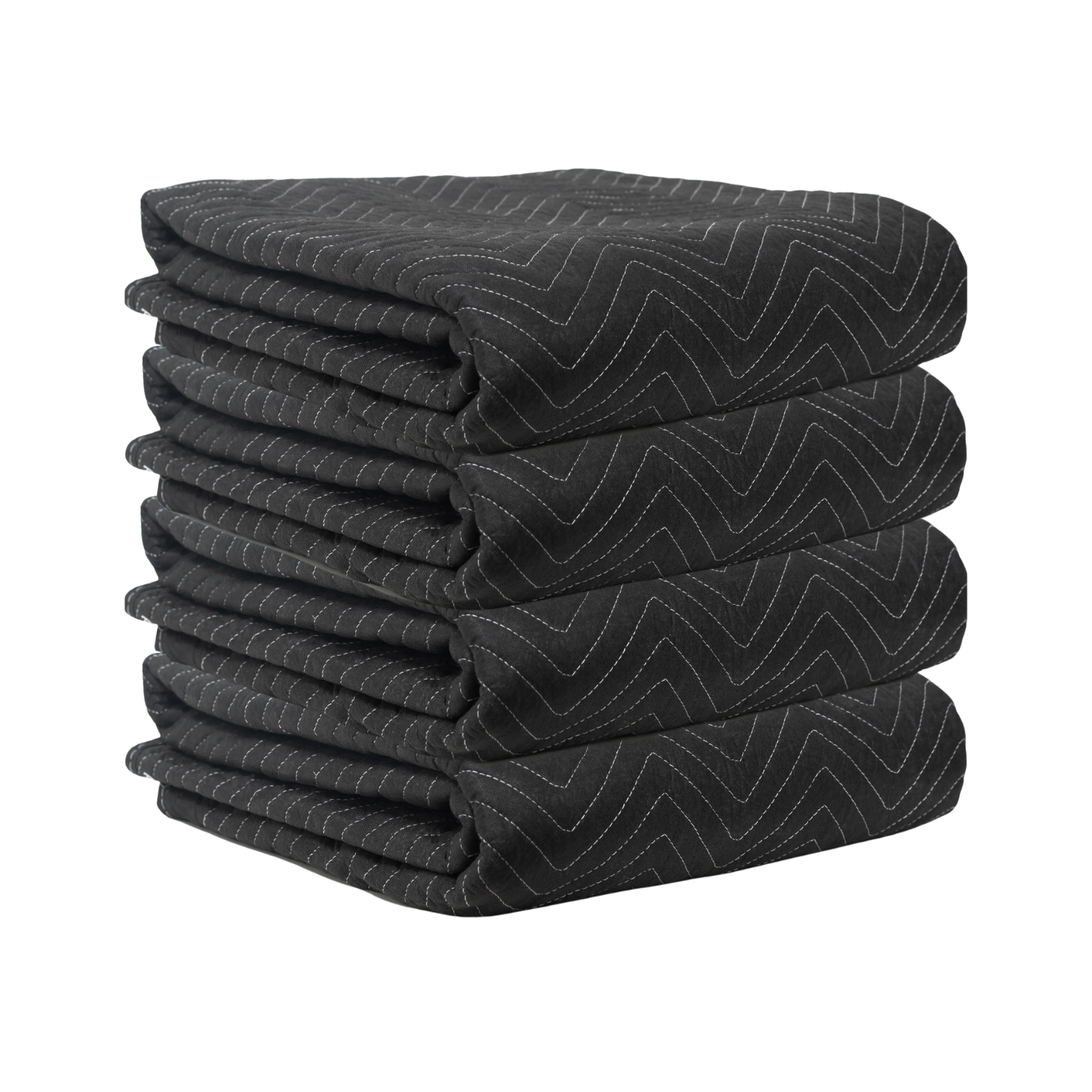 The image showcases a bundle of four heavy-duty black moving blankets, each measuring 72" x 80" and weighing 55 pounds. Ideal for maximum protection during your move.
