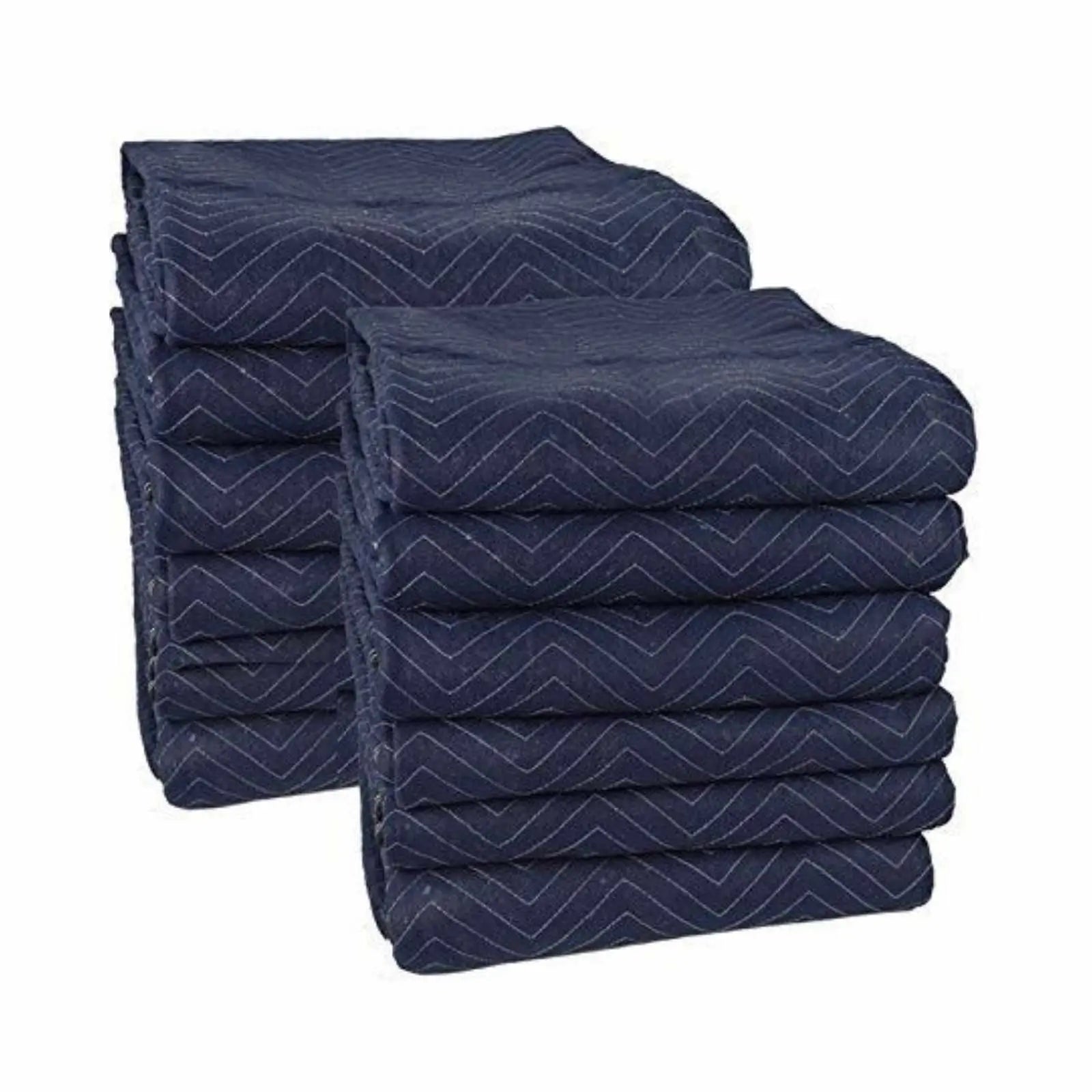 The image shows a bundle of 48 moving blankets in a combination of dark blue and light blue, each measuring 72" x 80" and weighing 43 pounds. Ideal for comprehensive protection during your move.