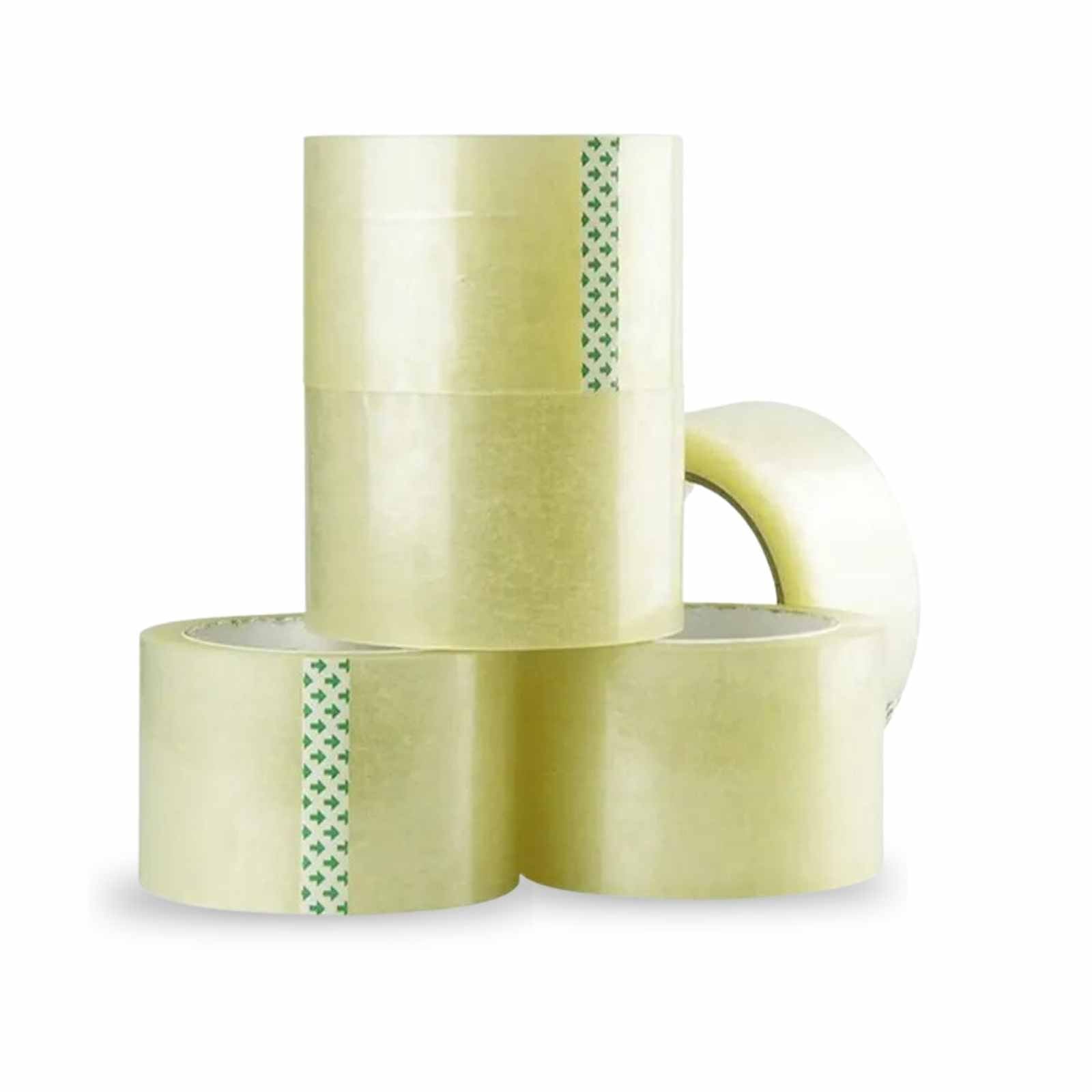 24 rolls of clear 3-inch by 110-yards carton sealing packing tape, 1.8 MIL, arranged neatly in a case.