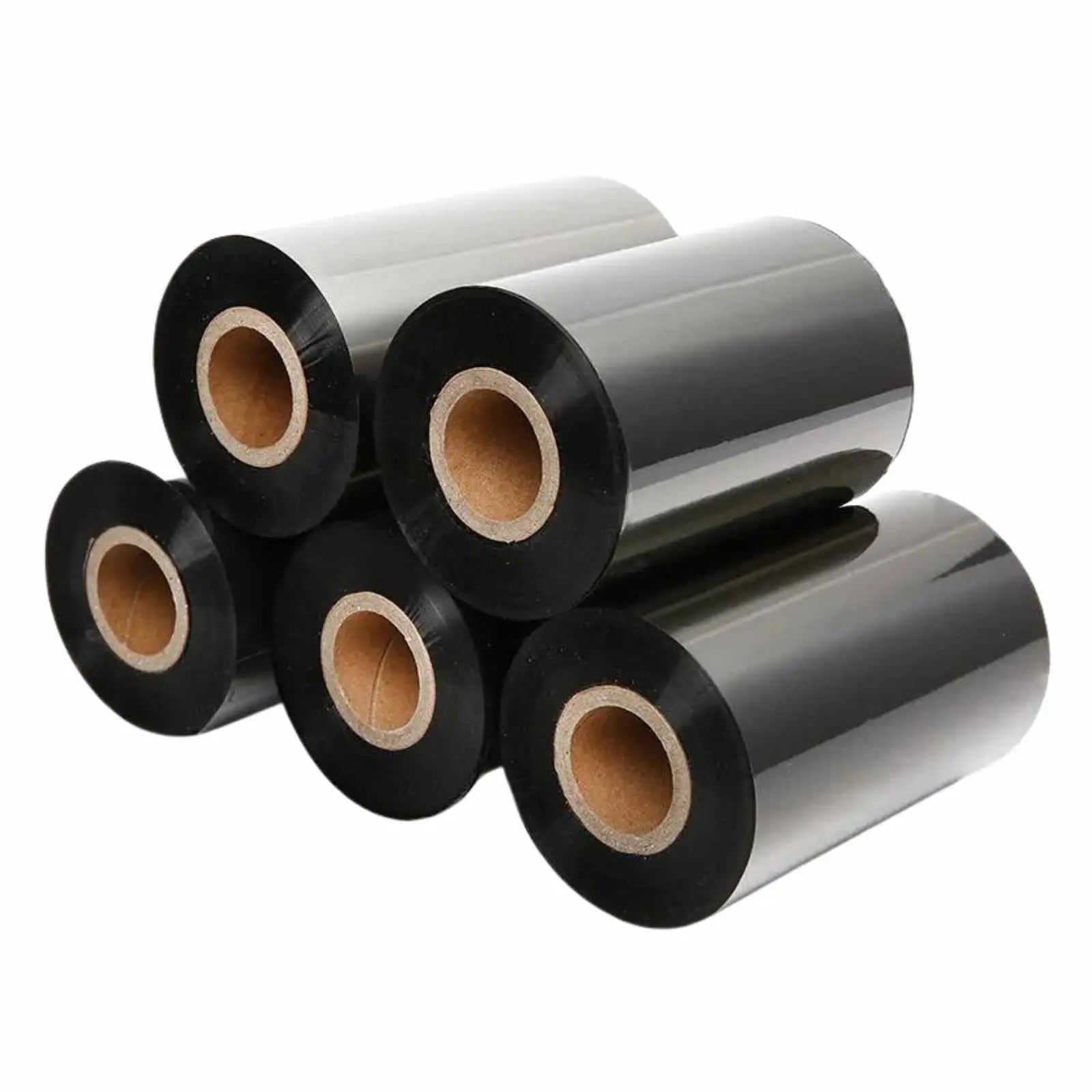 Twenty-four rolls of 4.33-inch by 1476-feet black Zebra thermal transfer ribbon, stored in a case.