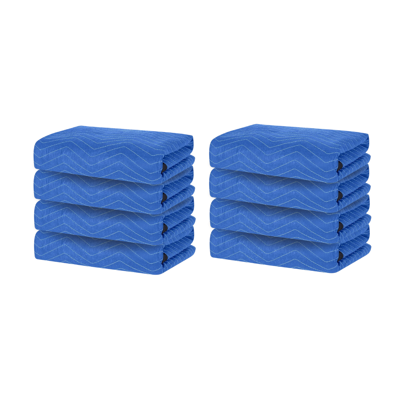 The image showcases a bundle of eight light blue moving blankets, each measuring 72" x 80" and weighing 35 pounds. Ideal for efficient and reliable protection during your move.