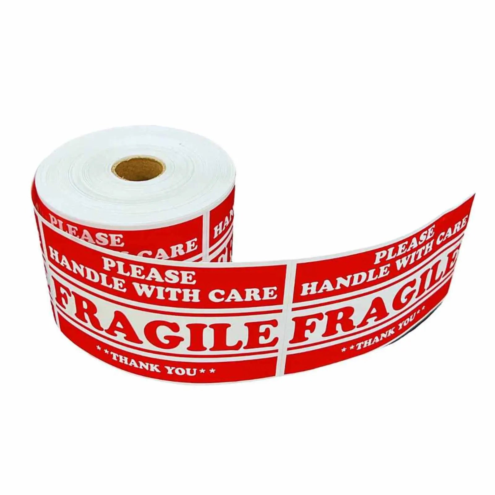 Twelve rolls of 5-inch by 3-inch FRAGILE specialty labels with a 1-inch core size, packaged in a case.