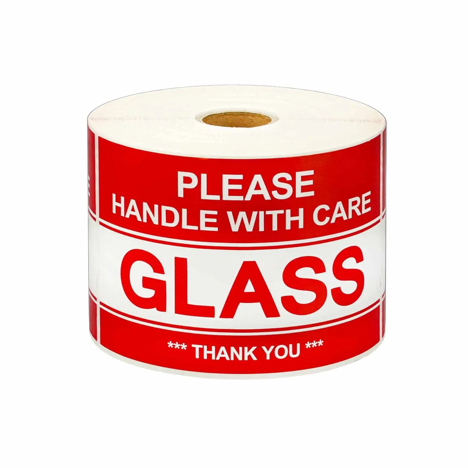 Twelve rolls of 3 by 5-inch GLASS specialty labels with a 1-inch core, neatly arranged in a case.